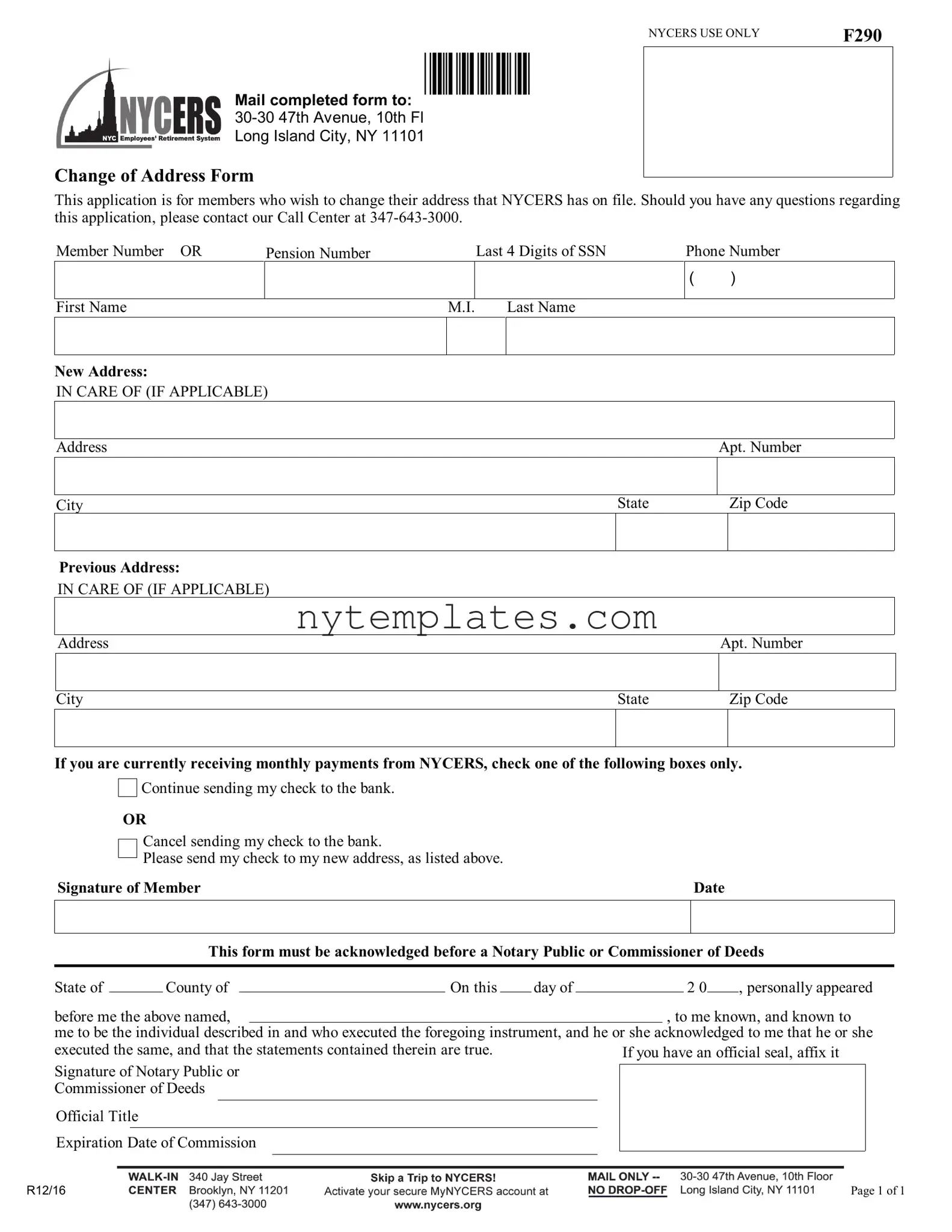Fillable Address Nycers Form in PDF