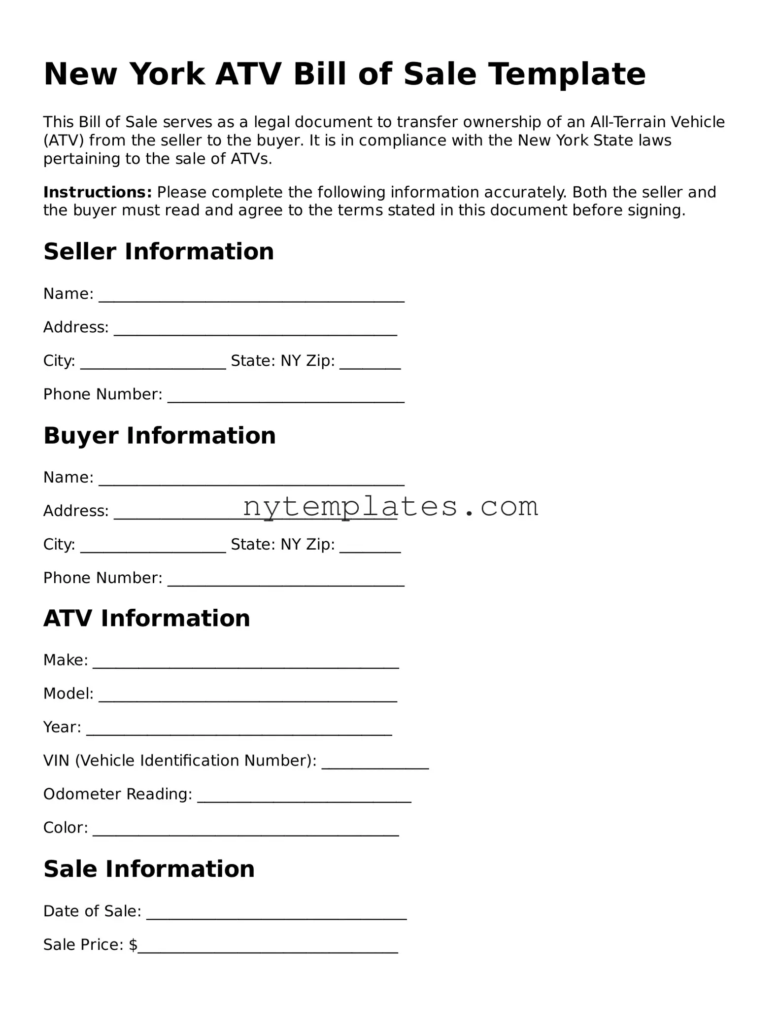 New York ATV Bill of Sale Form