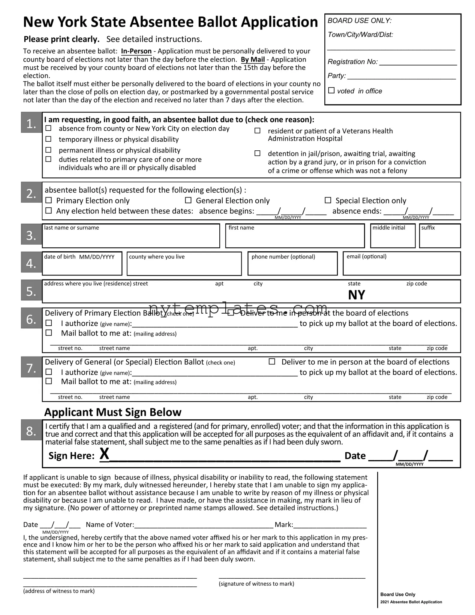 Fillable New York Absentee Ballot Application Form in PDF