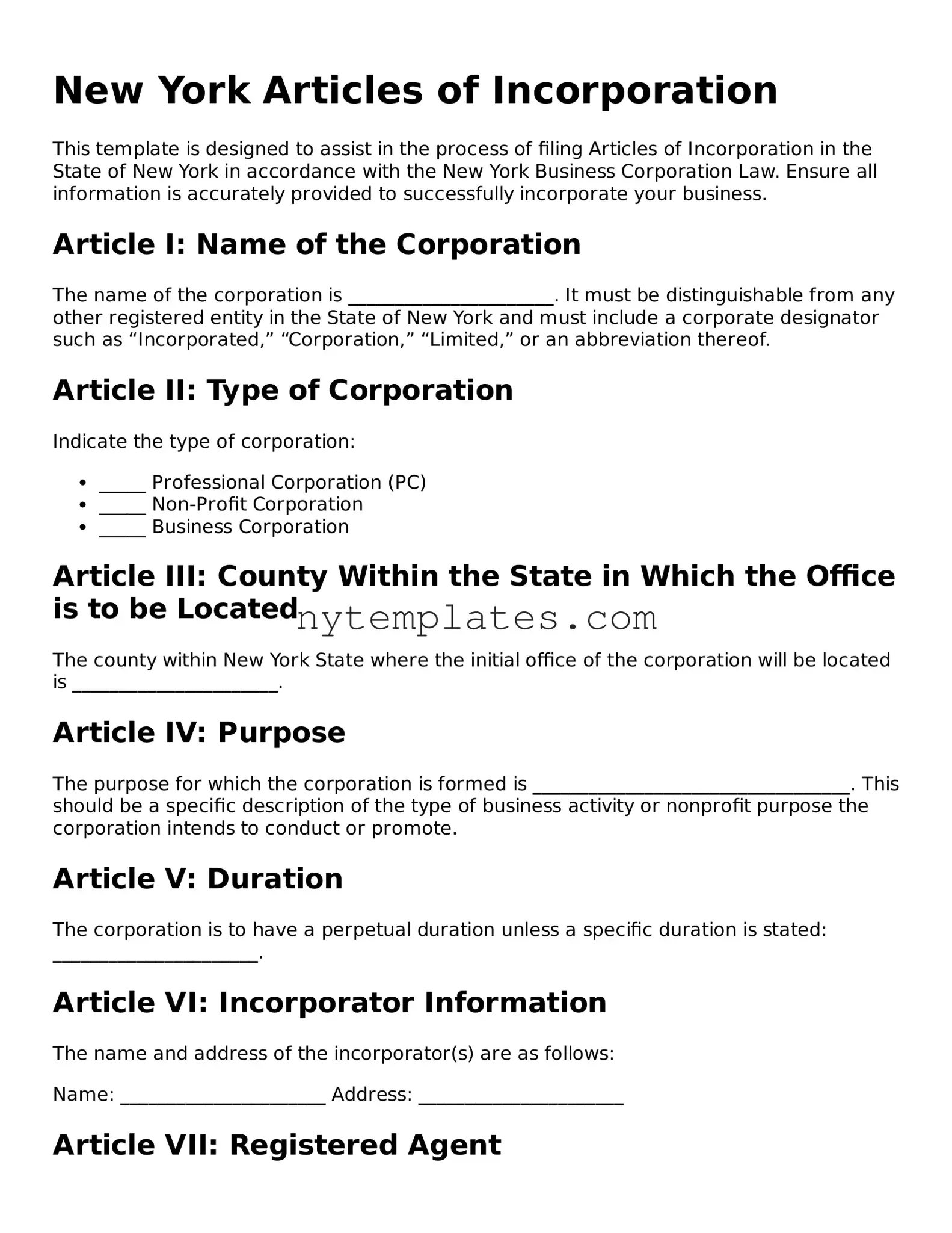 New York Articles of Incorporation Form