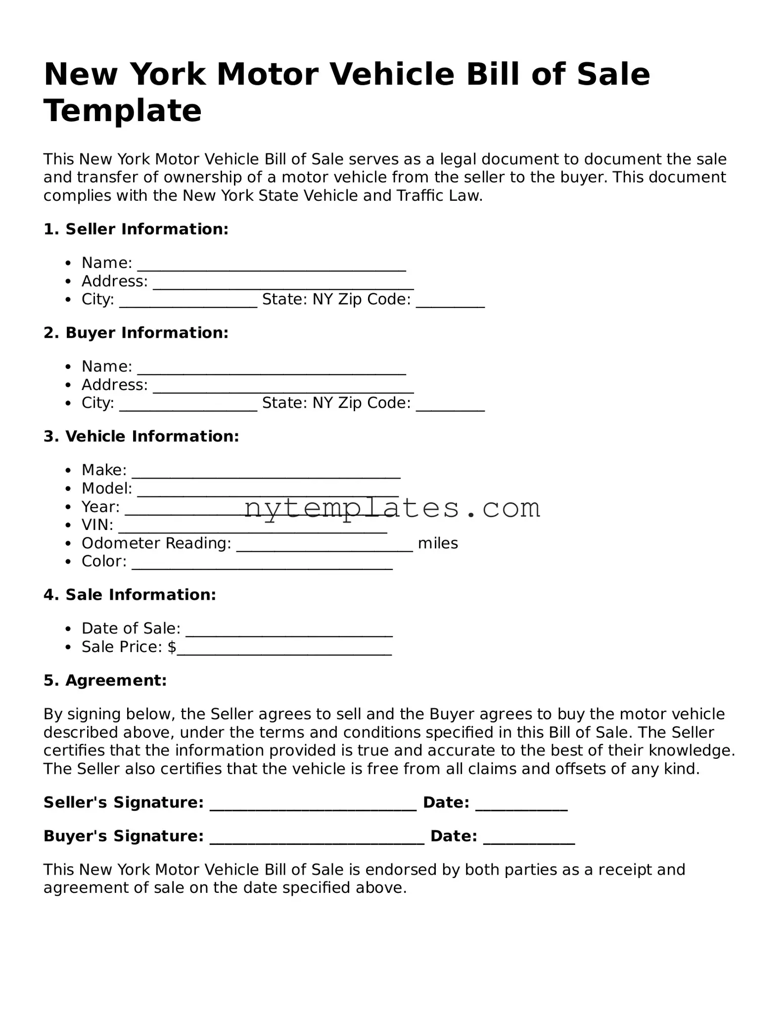New York Motor Vehicle Bill of Sale Form
