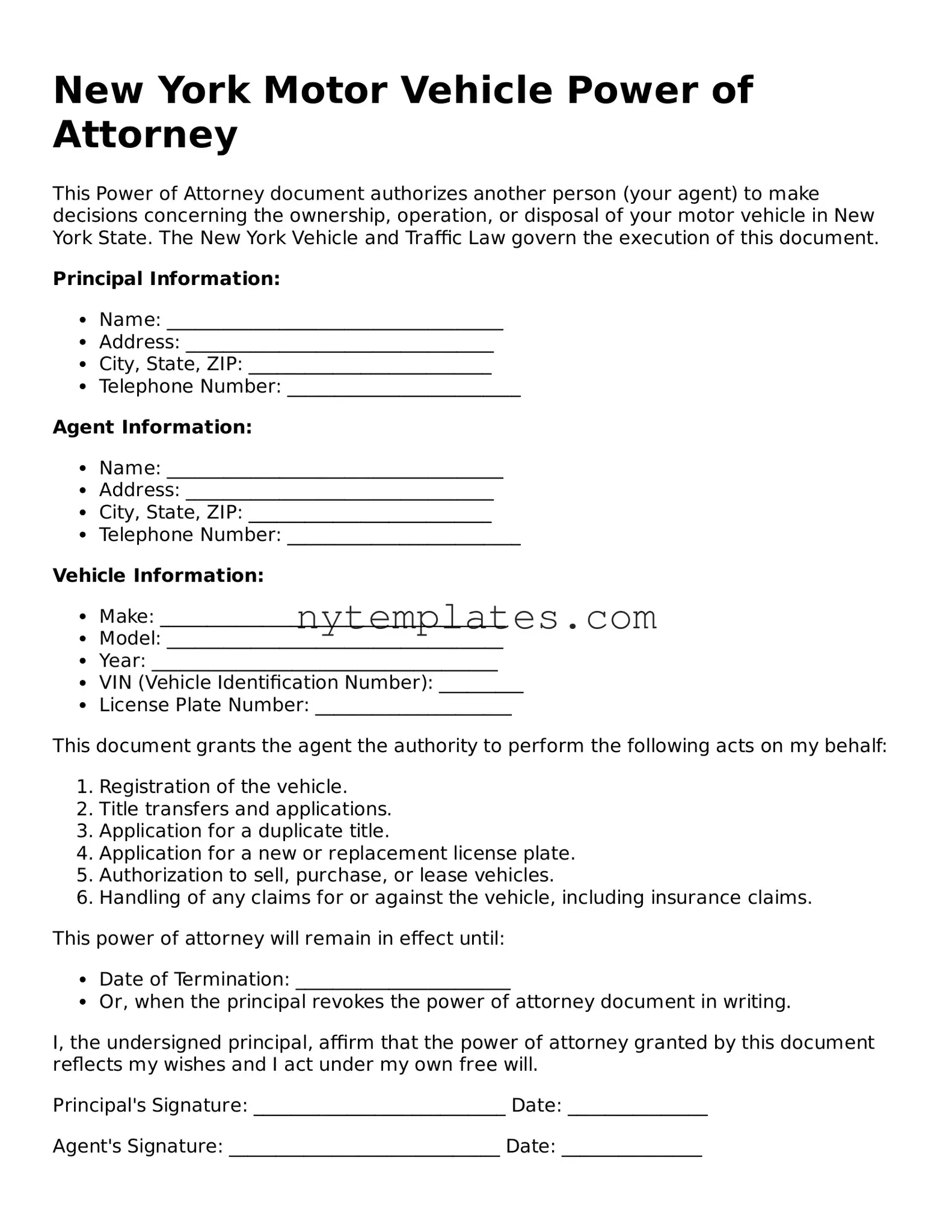 New York Motor Vehicle Power of Attorney Form