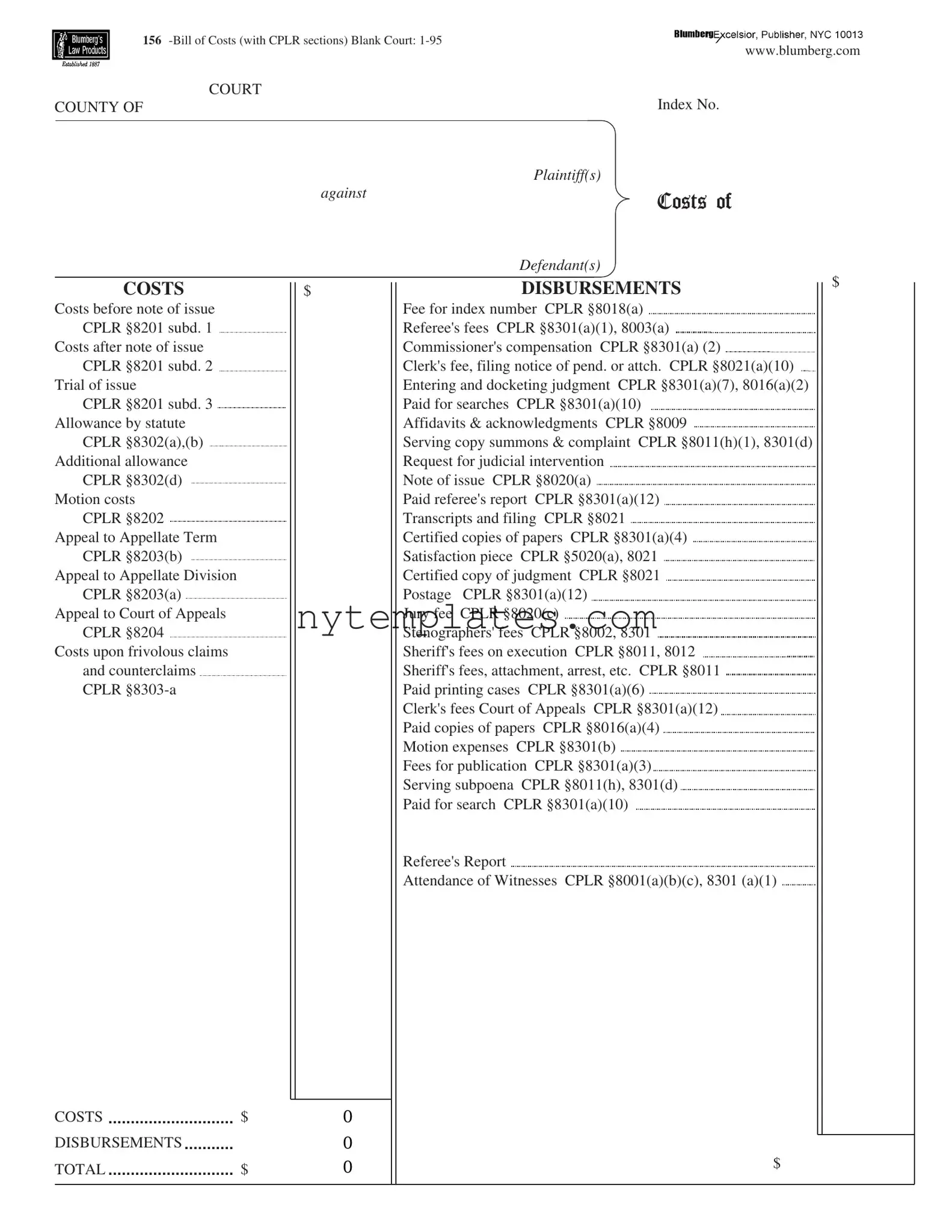 Fillable New York Bill Costs Form in PDF