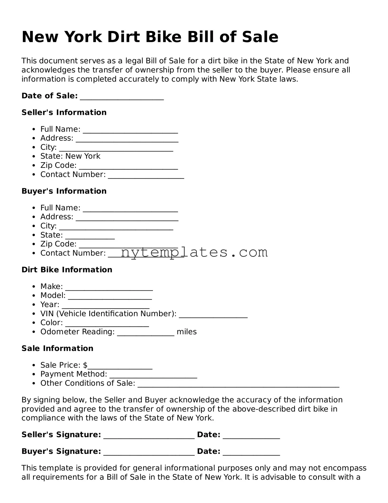 New York Dirt Bike Bill of Sale Form