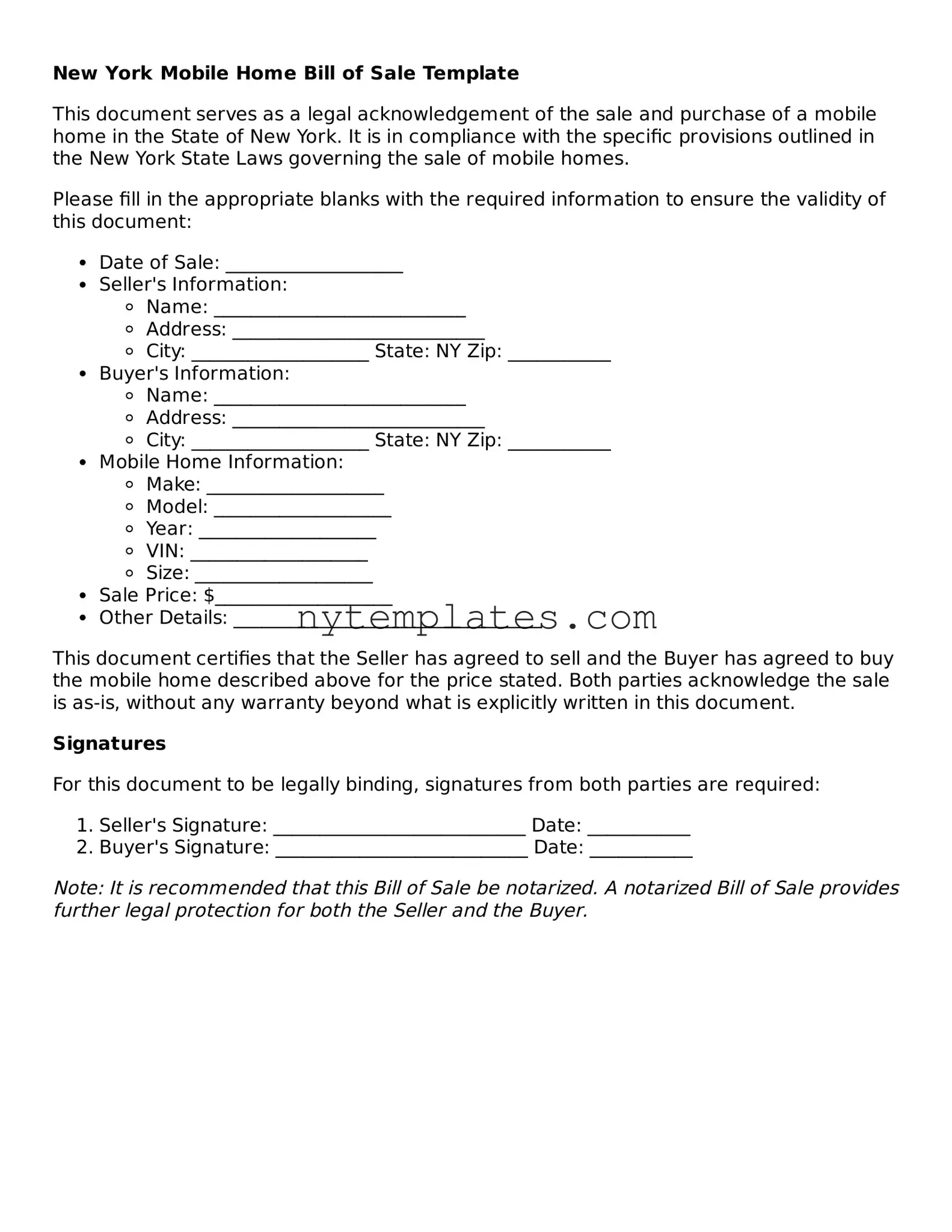 New York Mobile Home Bill of Sale Form