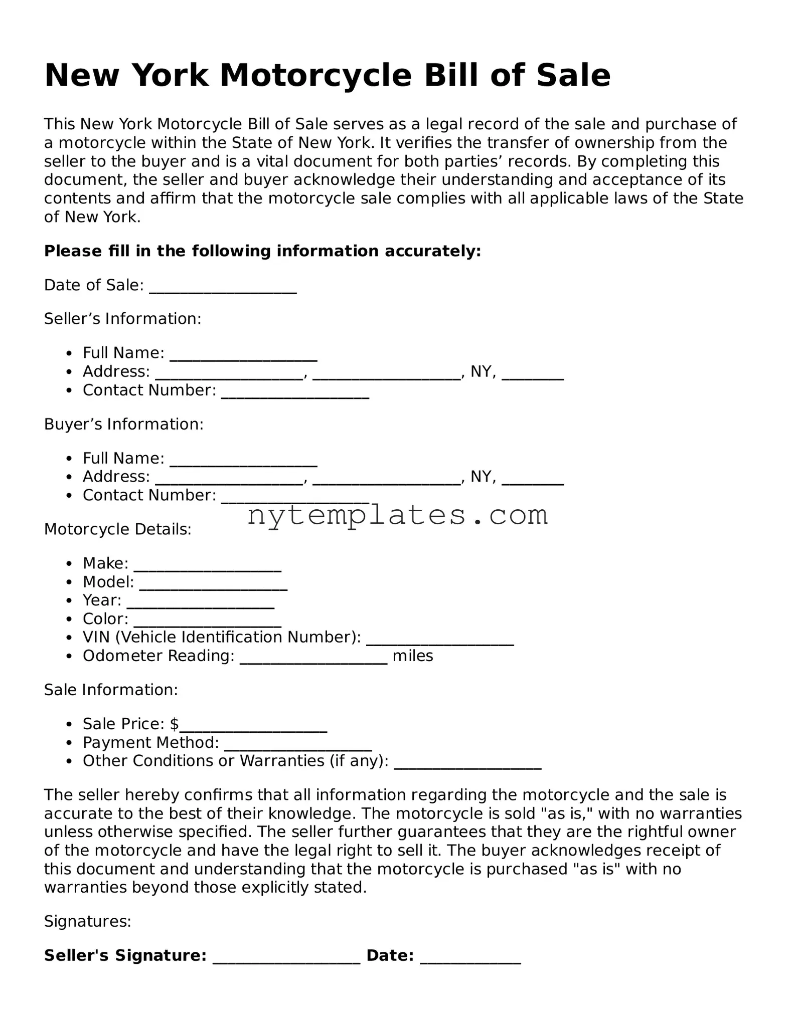 New York Motorcycle Bill of Sale Form
