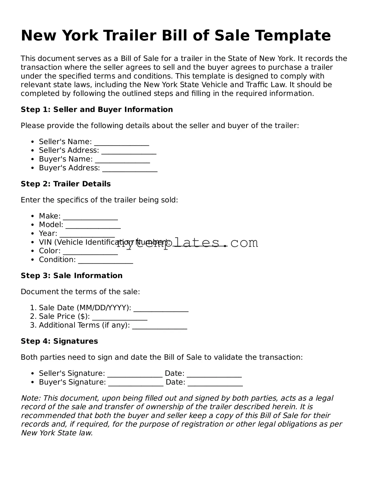 New York Trailer Bill of Sale Form