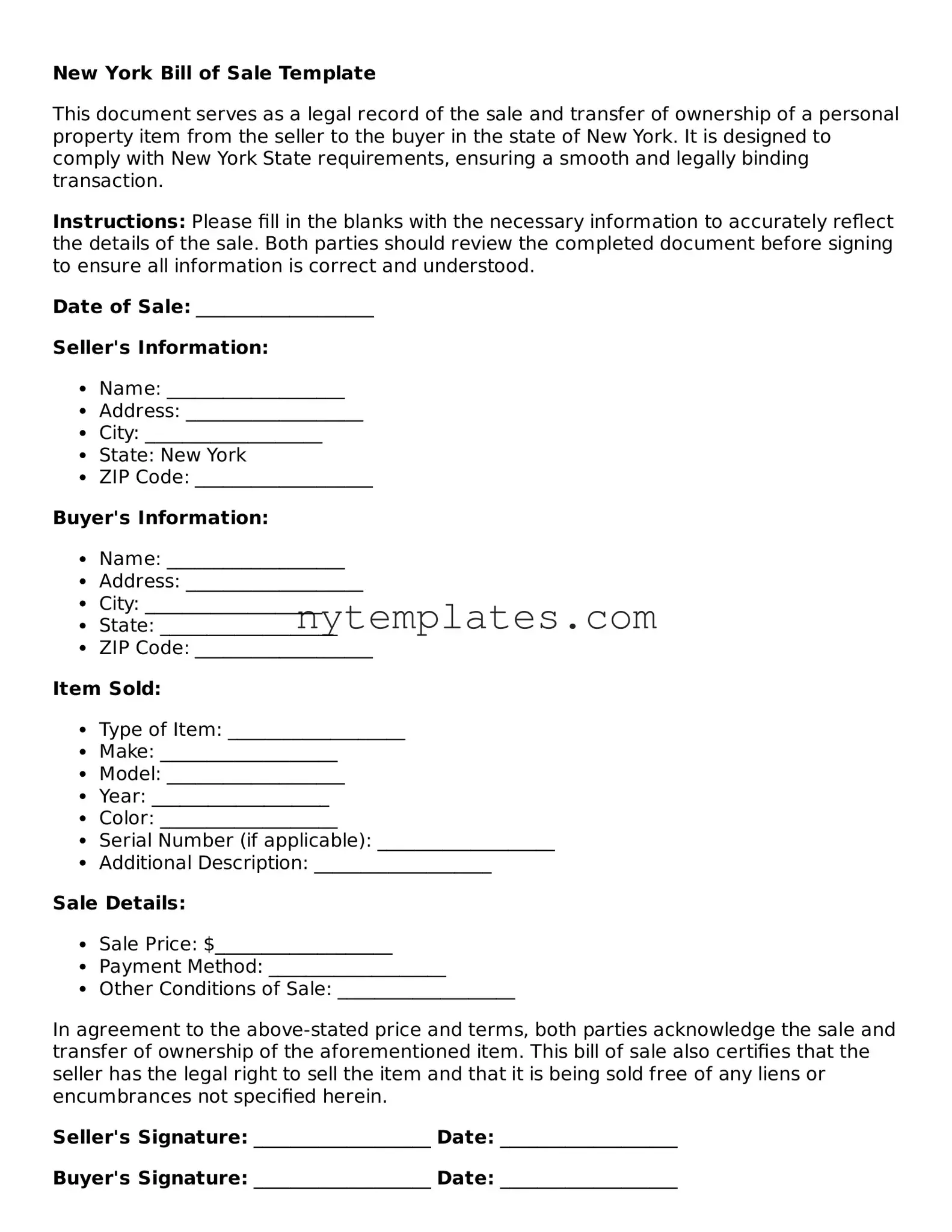 New York Bill of Sale Form