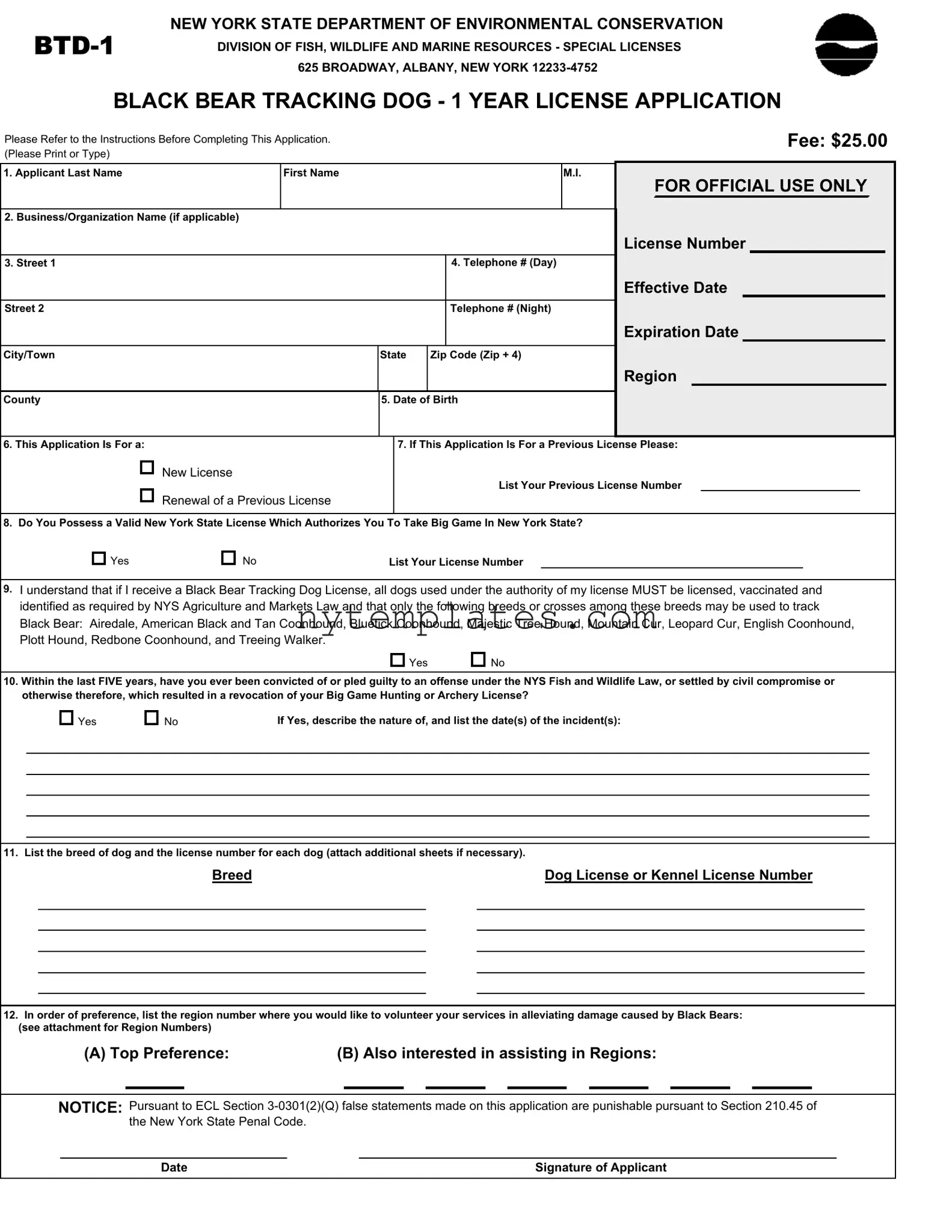 Fillable New York Btd 1 Form in PDF
