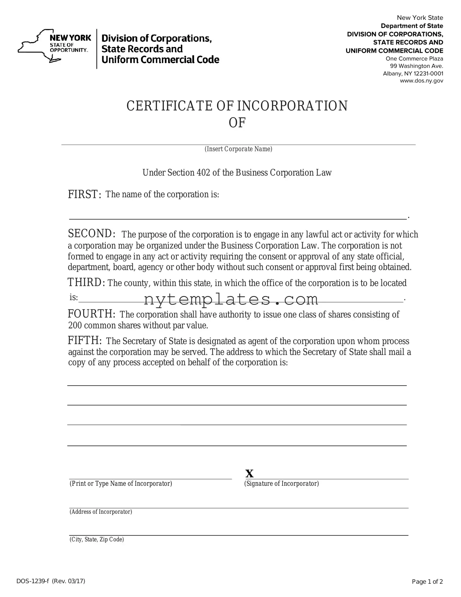 Fillable New York Certificate Form in PDF