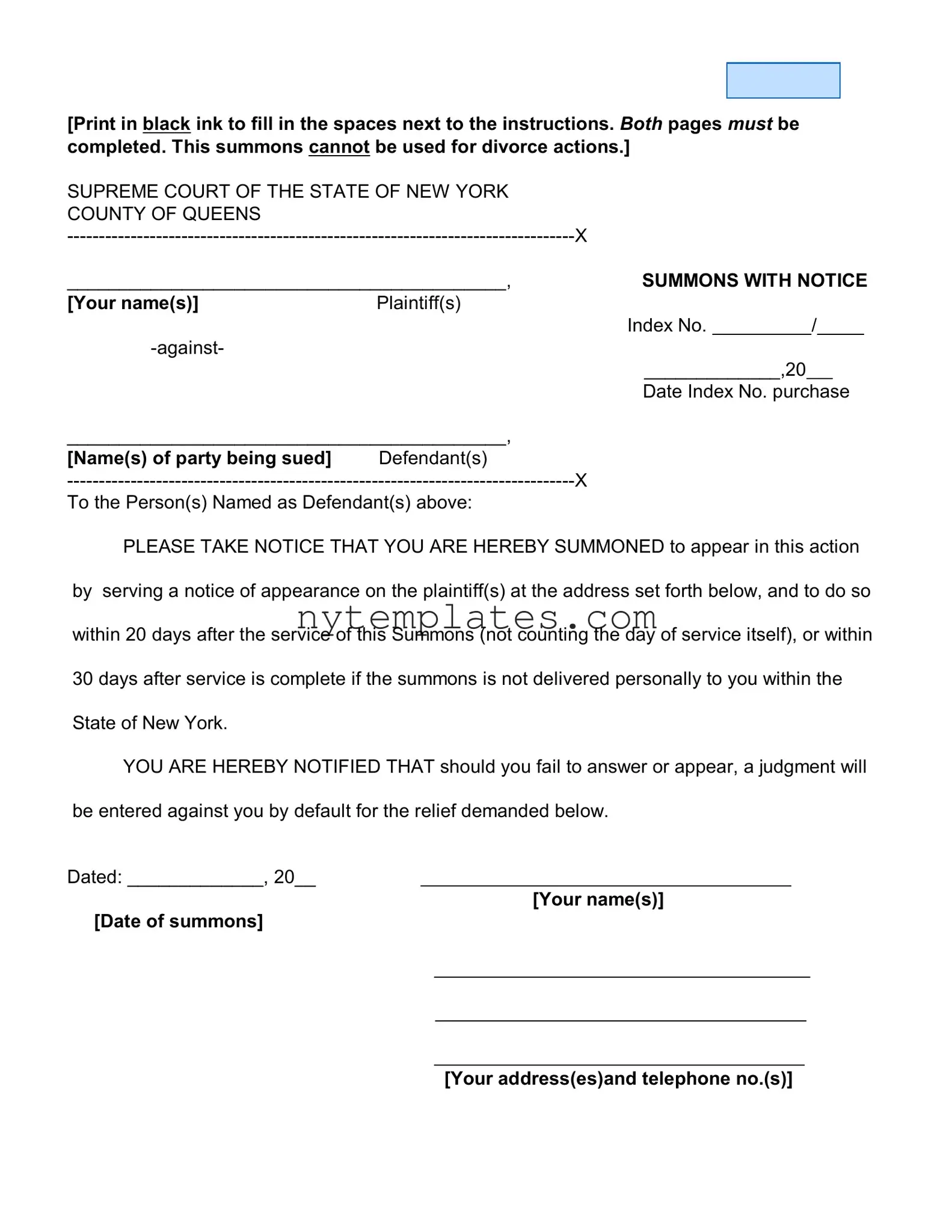 Fillable New York Court Summons Form in PDF