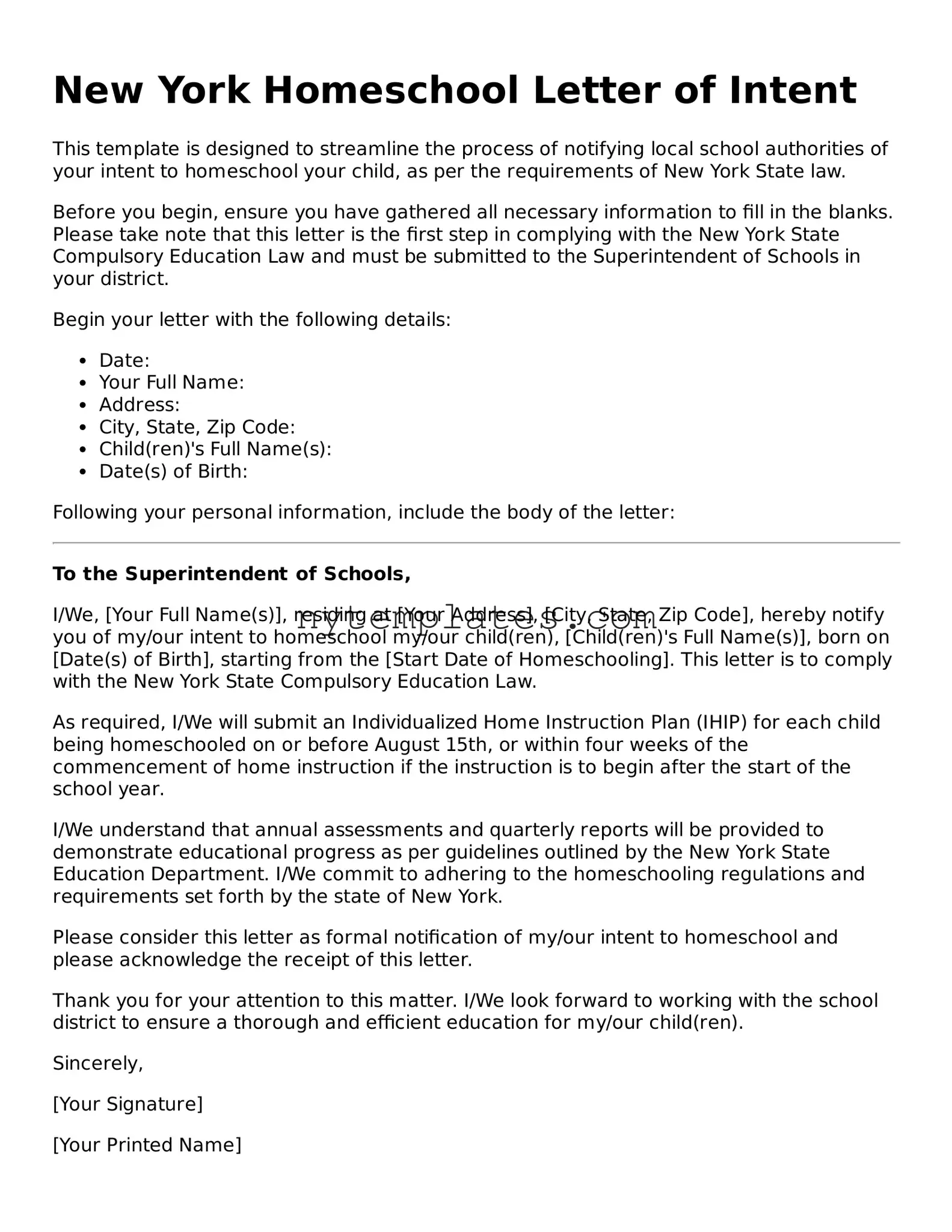 New York Homeschool Letter of Intent Form