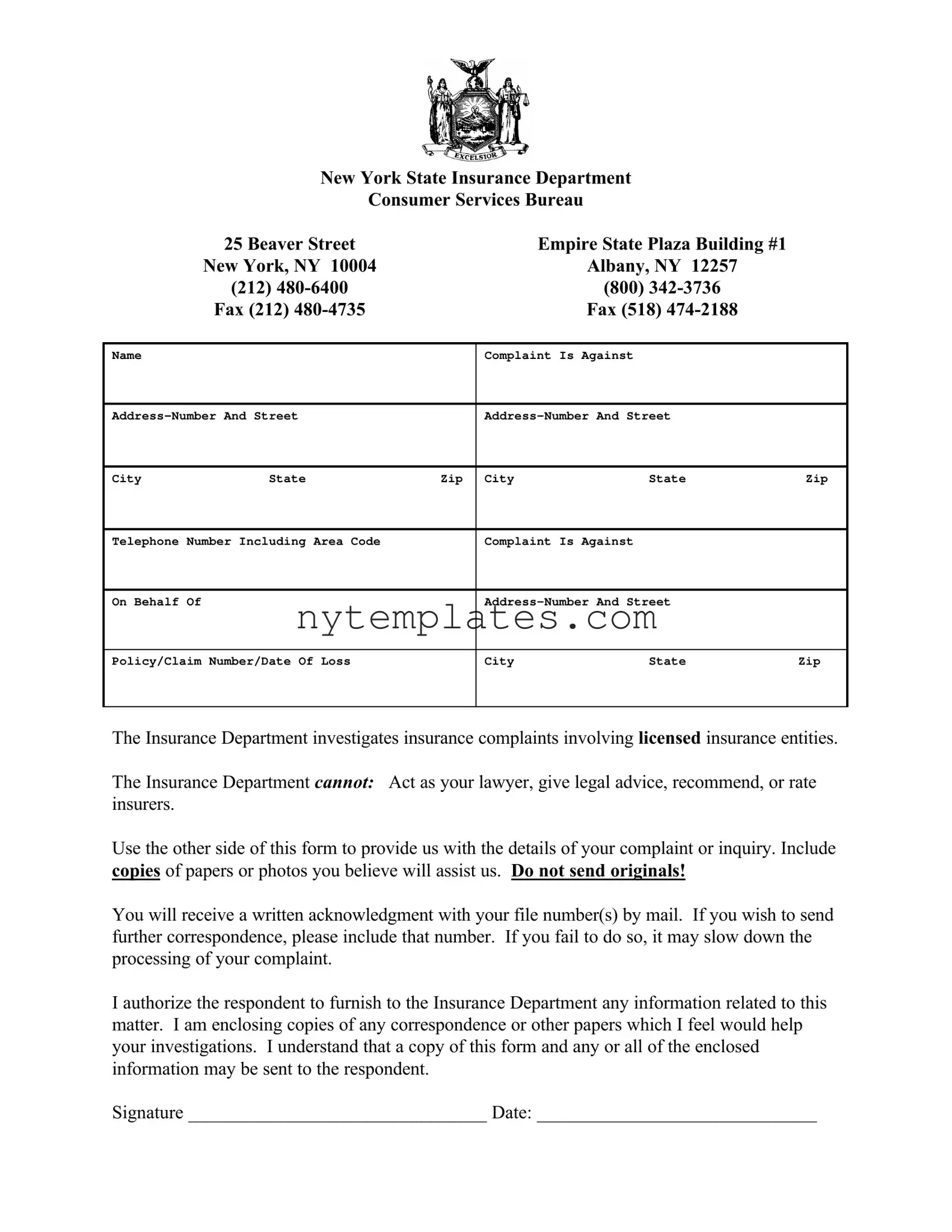 Fillable New York Dept Insurance Form in PDF