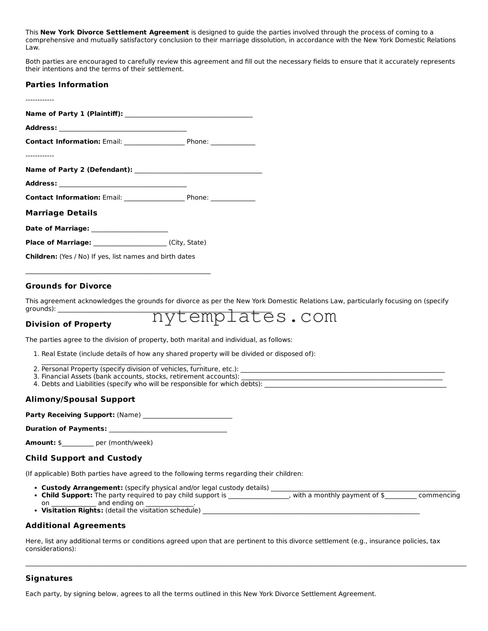 New York Divorce Settlement Agreement Form