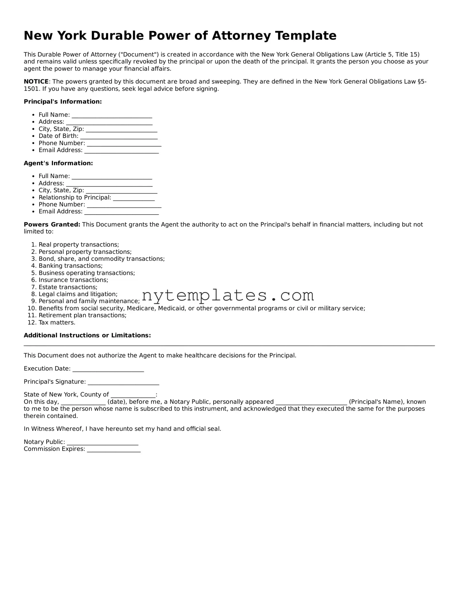 New York Durable Power of Attorney Form