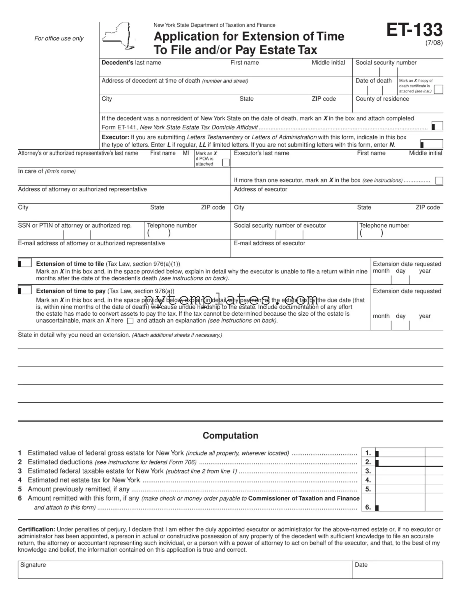 Fillable New York Et 133 Form in PDF