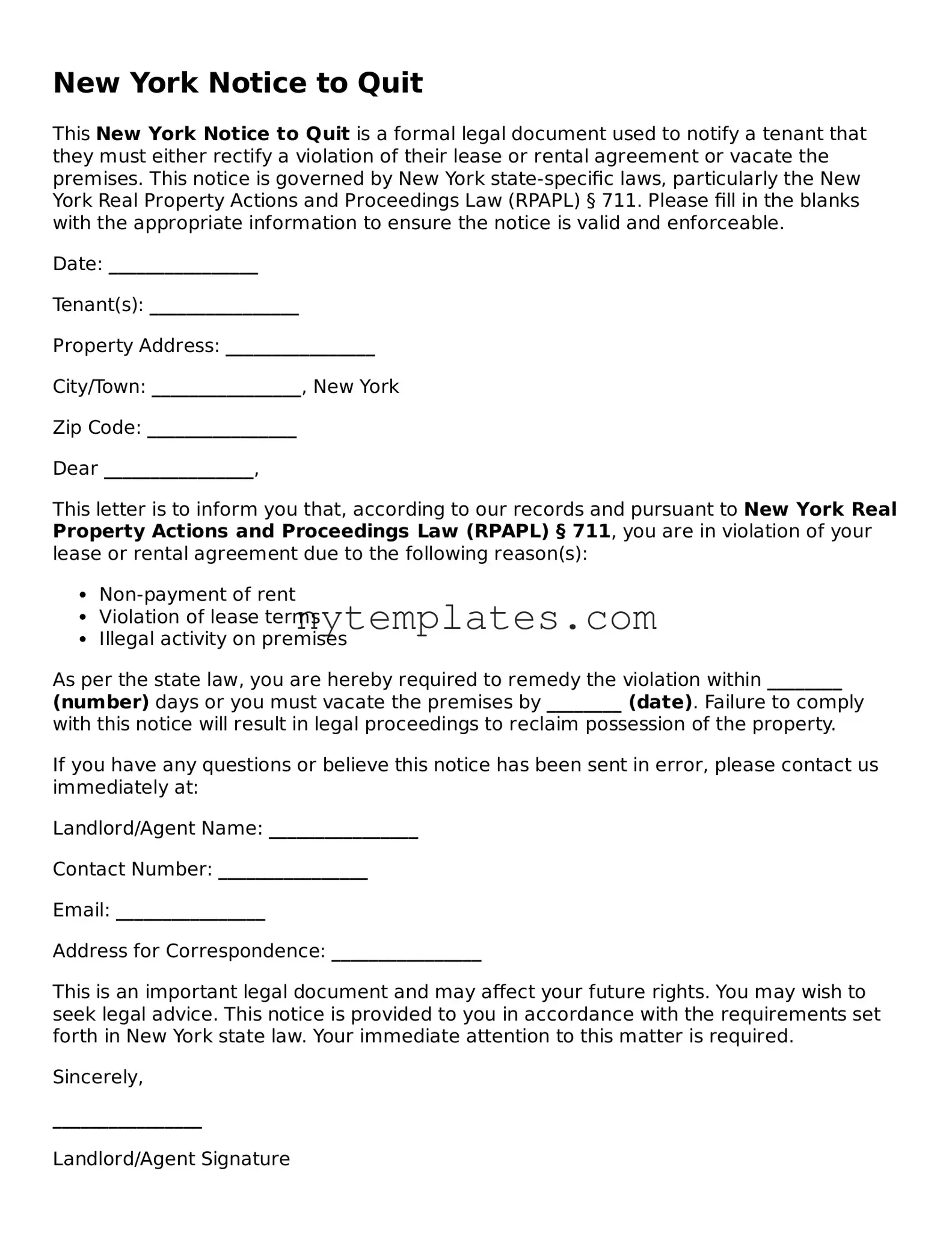 New York Notice to Quit Form