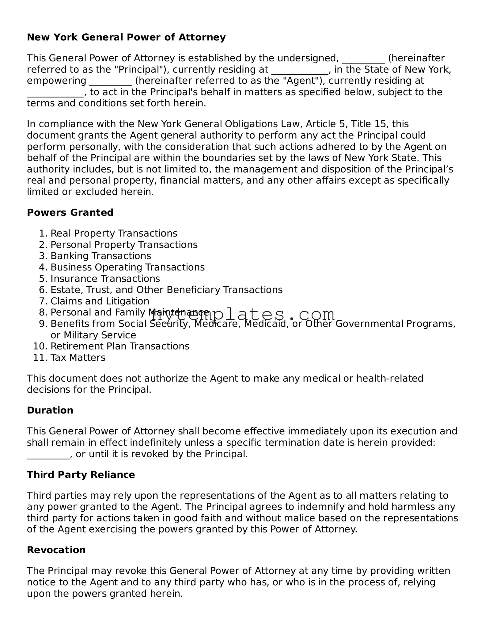 New York General Power of Attorney Form