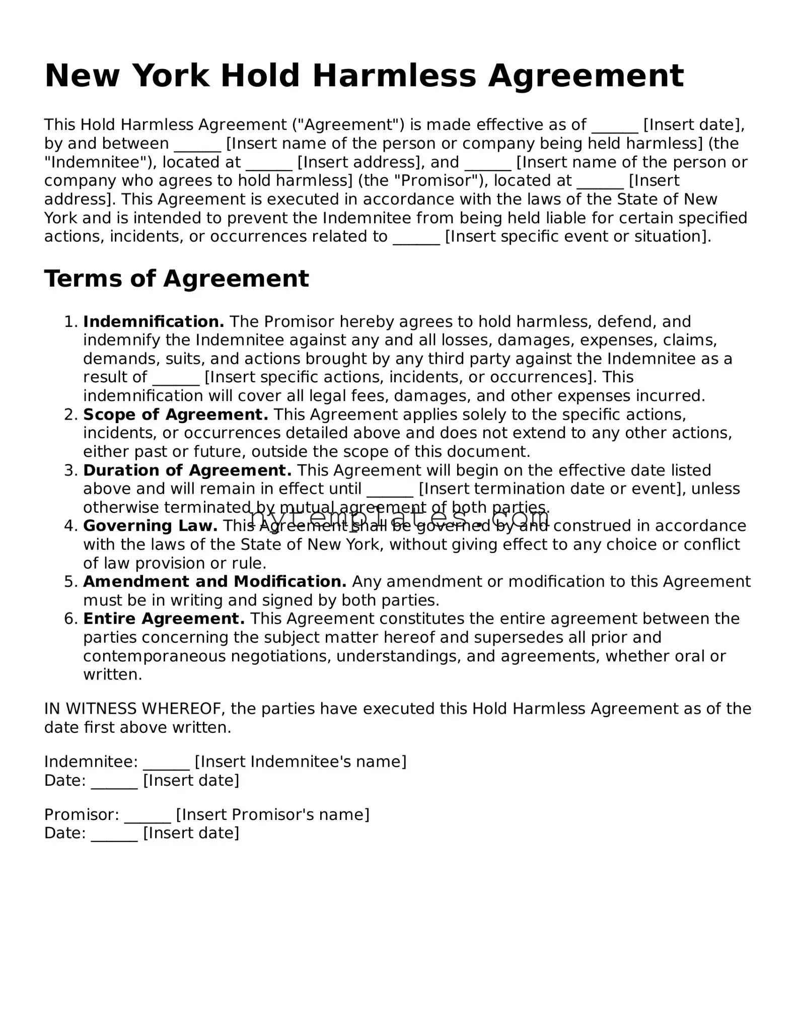 New York Hold Harmless Agreement Form