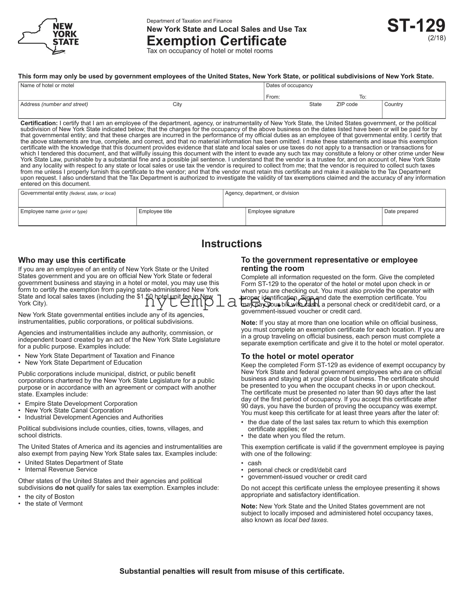 Fillable New York Hotel Tax Exempt Form in PDF