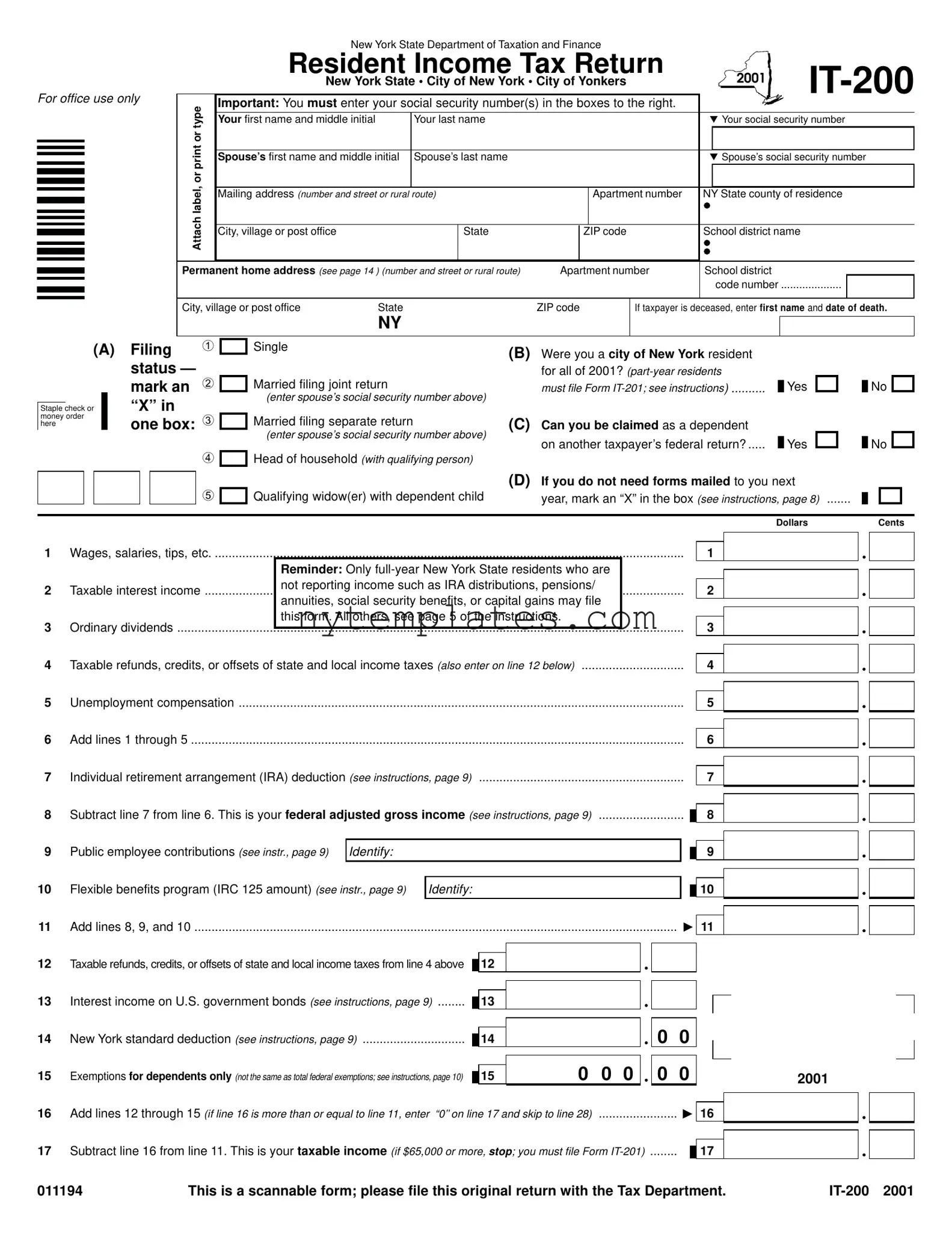Fillable New York It 200 Form in PDF