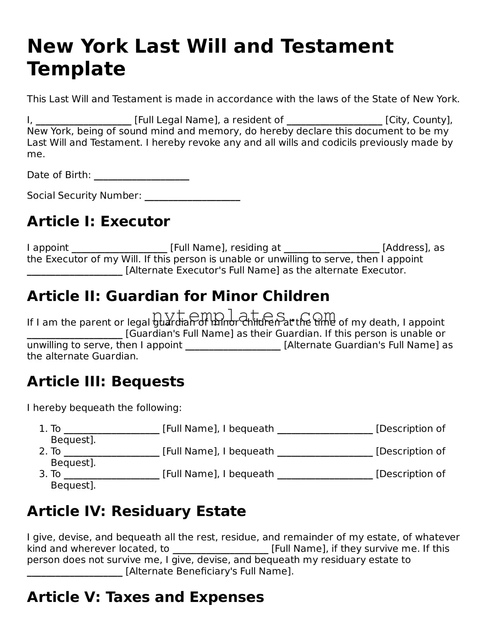 New York Last Will and Testament Form