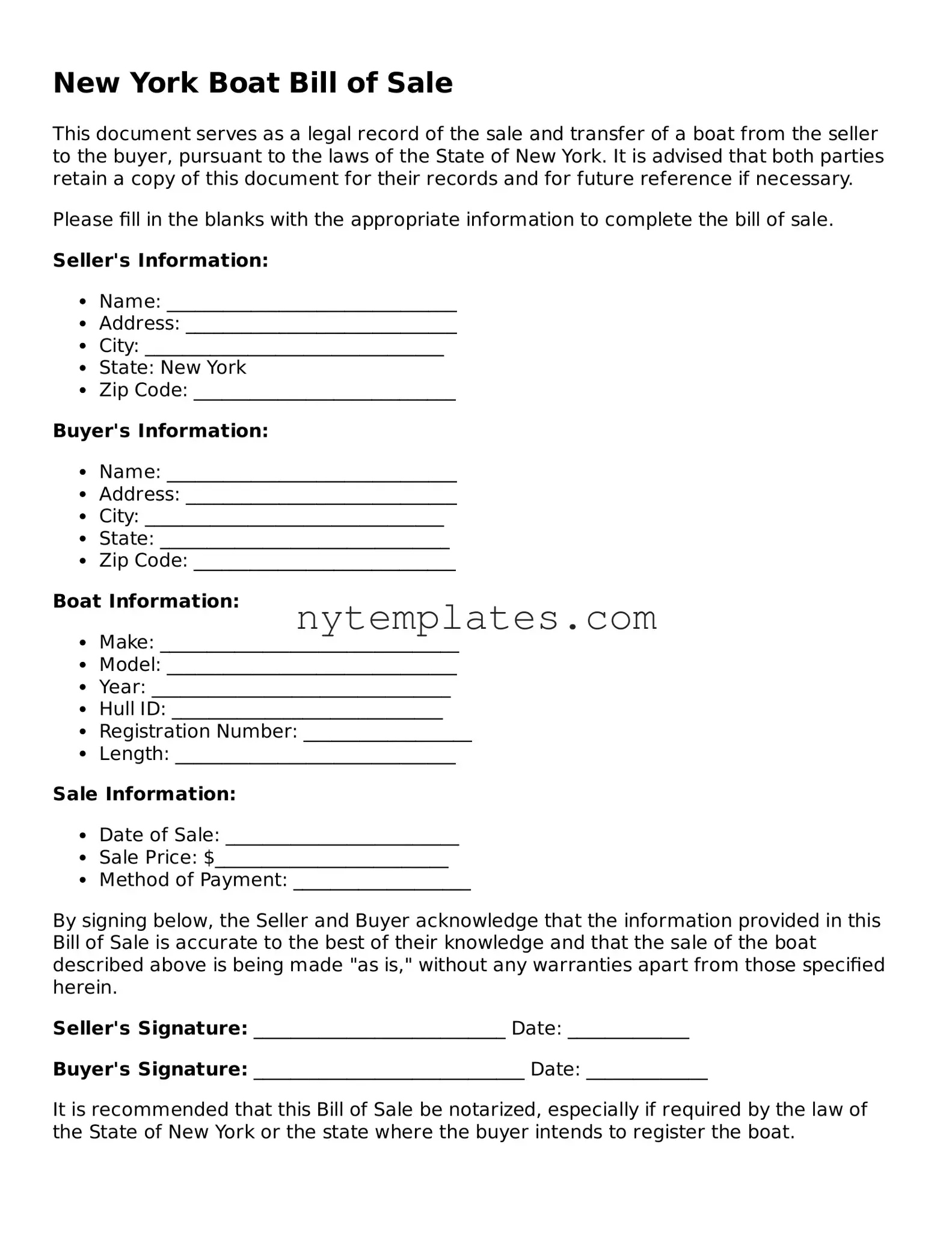 New York Boat Bill of Sale Form