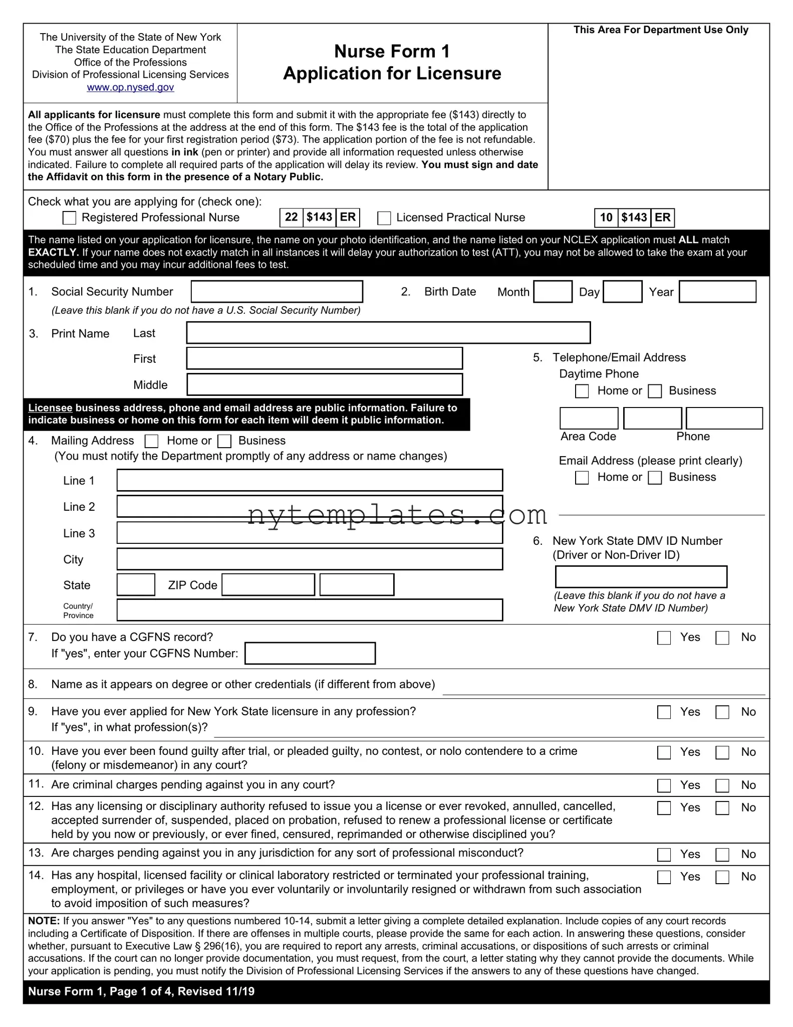 Fillable New York Nurse 1 Form in PDF
