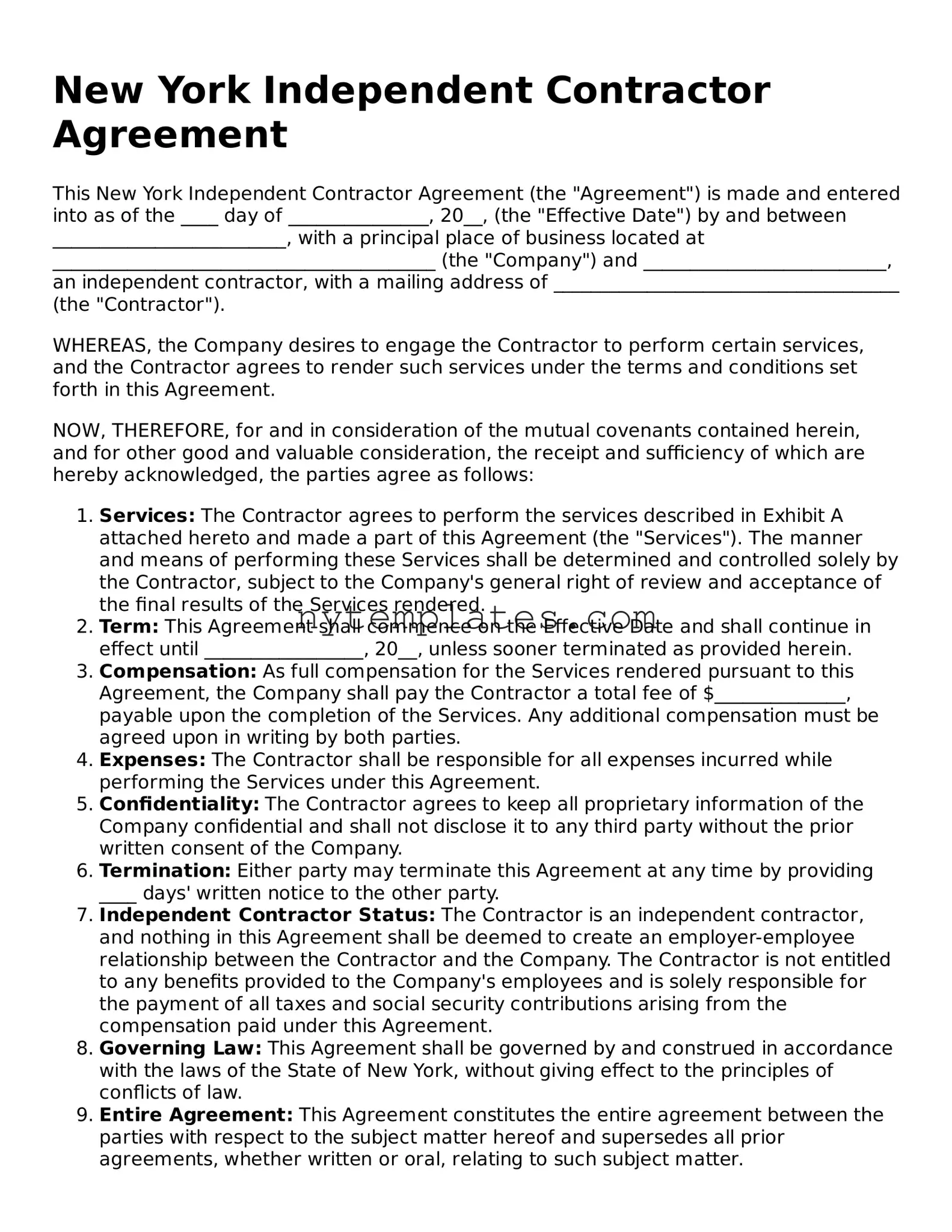 New York Independent Contractor Agreement Form
