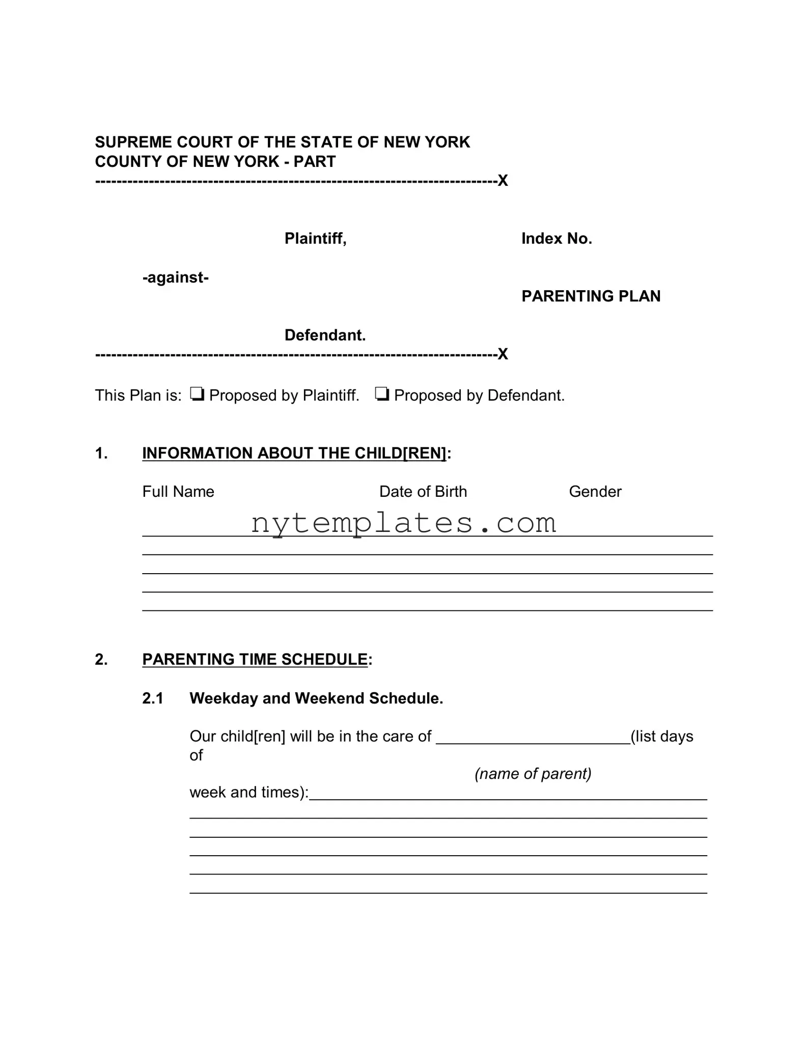 Fillable New York Parenting Plan Form in PDF