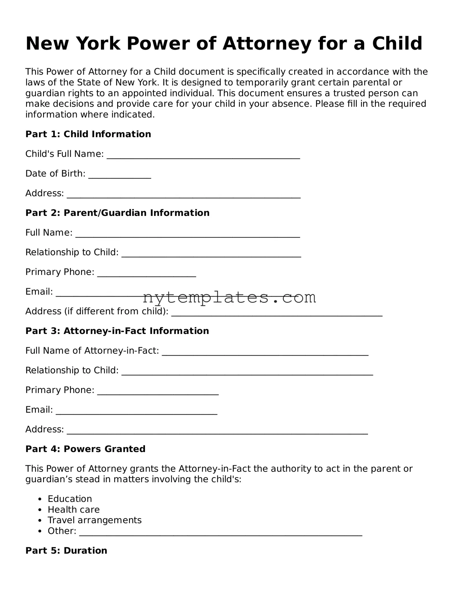 New York Power of Attorney for a Child Form