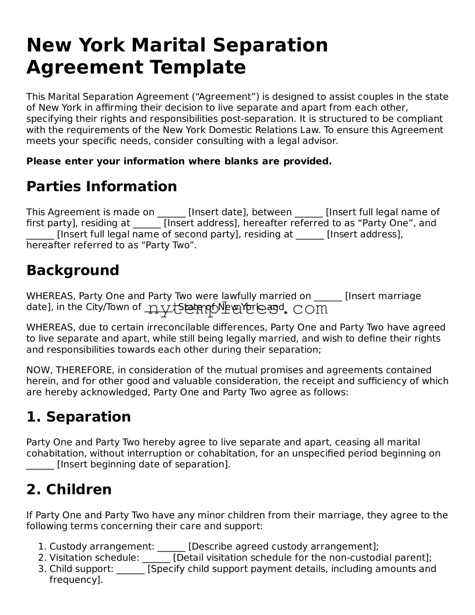 New York Marital Separation Agreement Form