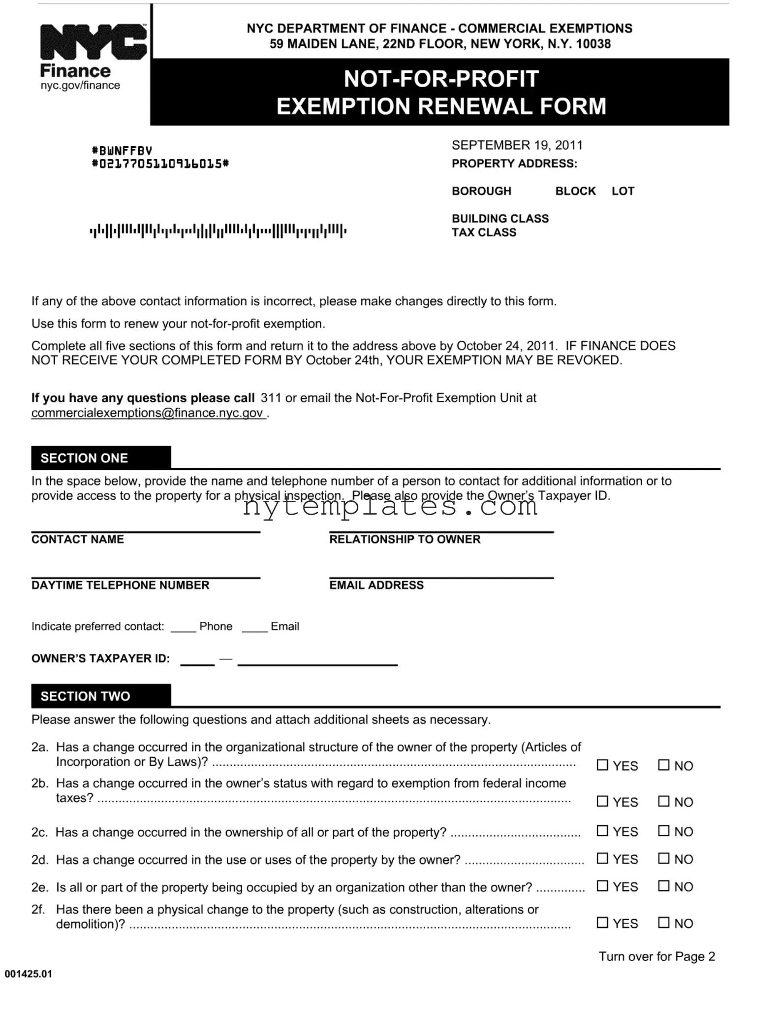 Fillable Non Profit Exemption Renewal Nyc Form in PDF