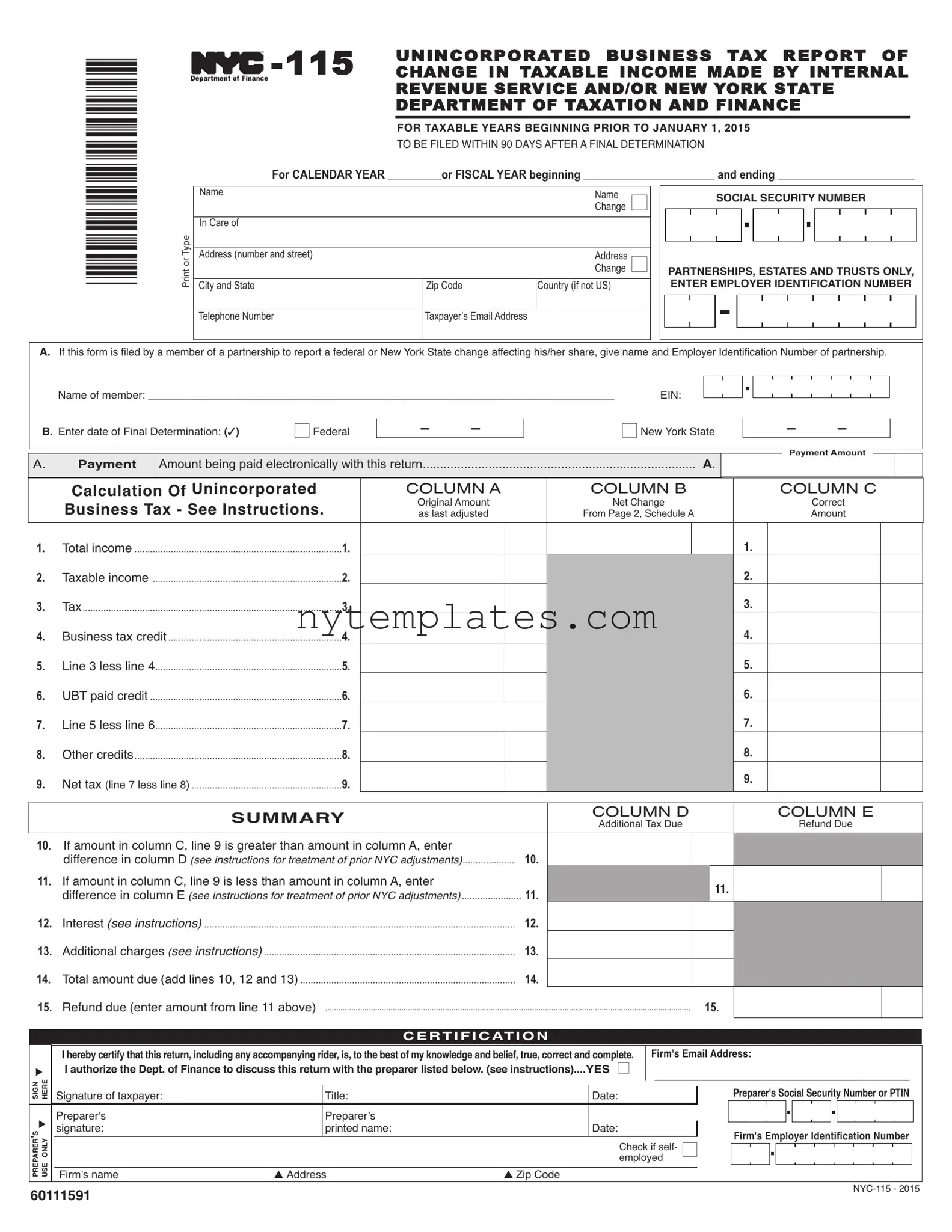 Fillable Nyc 115 Form in PDF