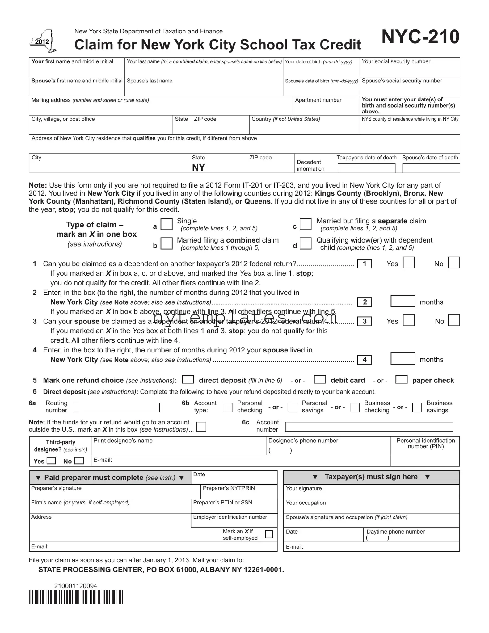 Fillable Nyc 210 Form in PDF