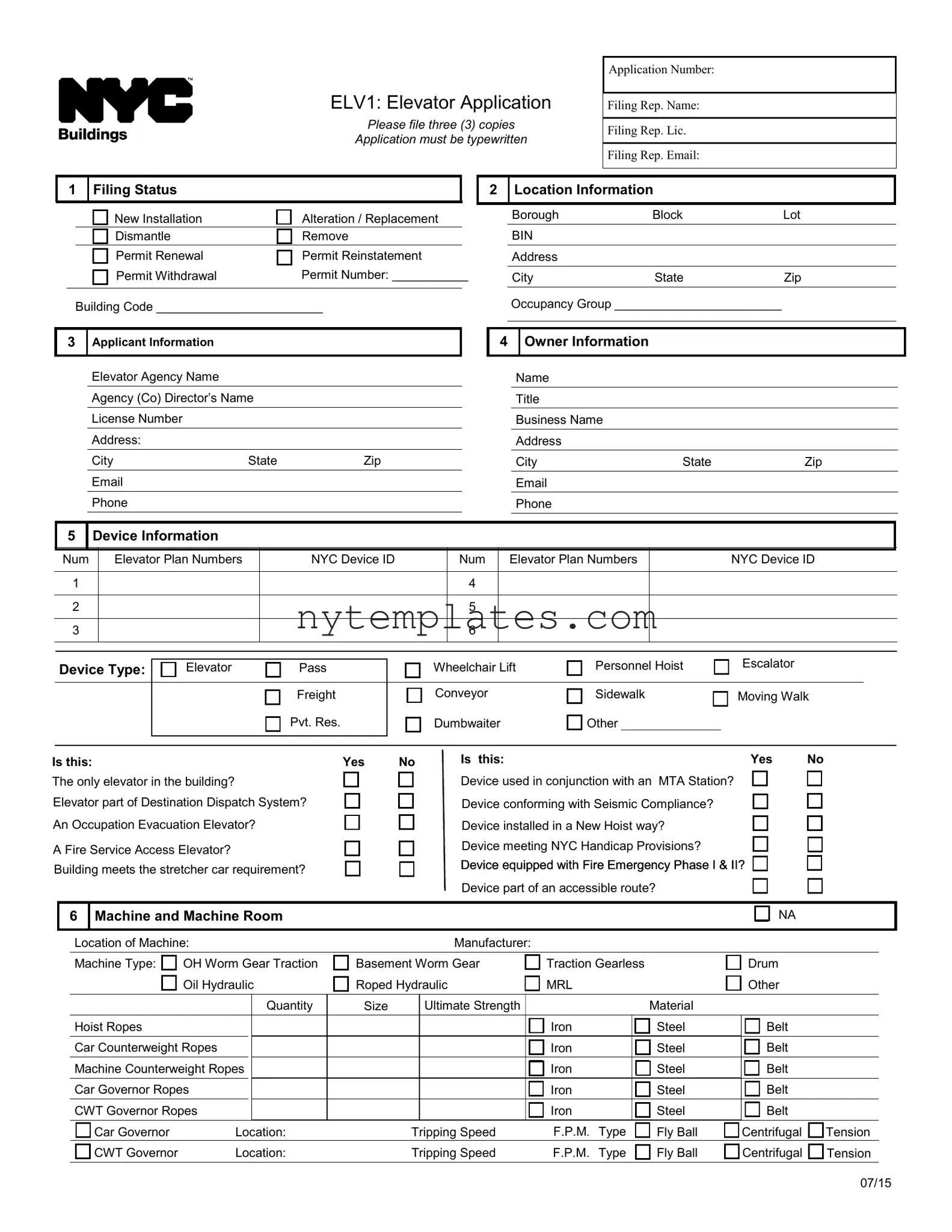 Fillable Nyc Buildings Elv1 Form in PDF