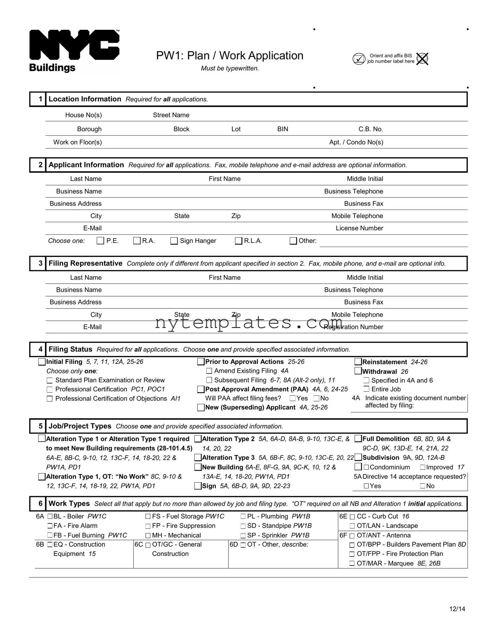Fillable Nyc Buildings Pw1 Form in PDF