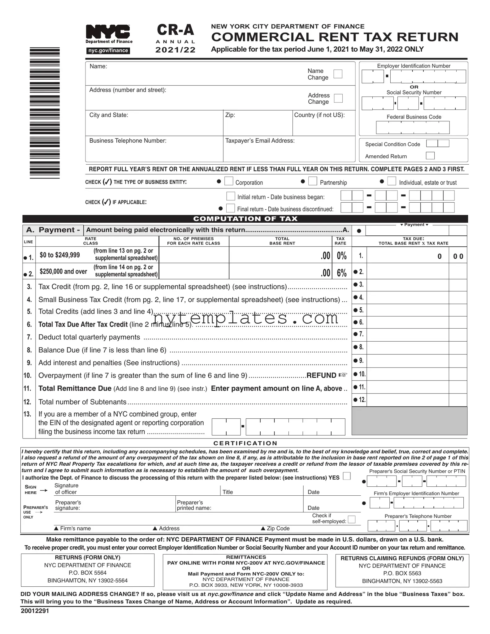 Fillable Nyc Commercial Rents Tax Return Form in PDF