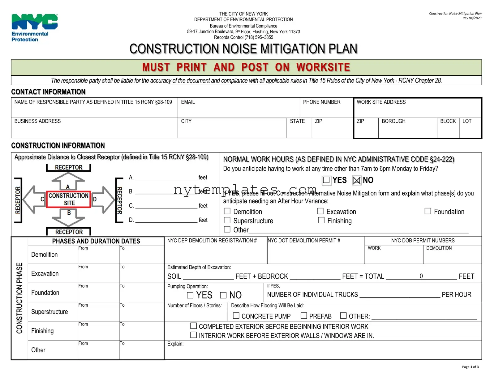Fillable Nyc Dep Noise Mitigation Plan Form in PDF