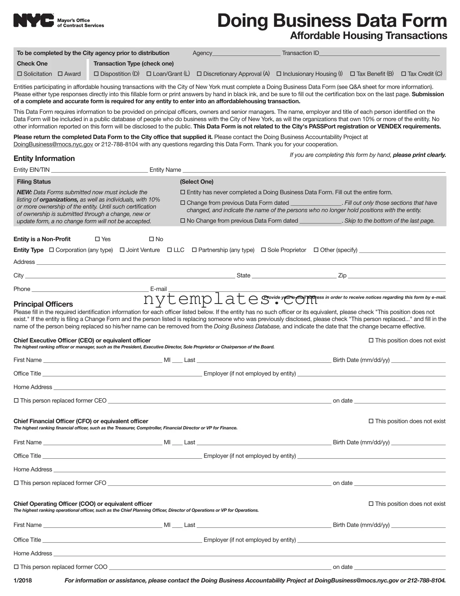 Fillable Nyc Doing Business Data Form in PDF