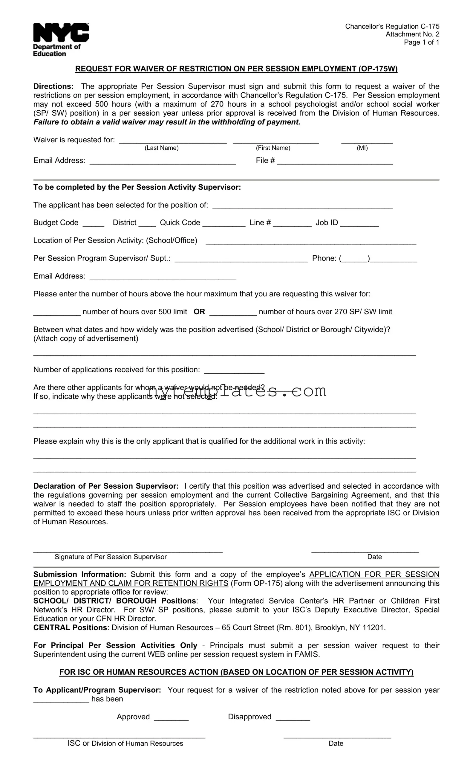 Fillable Nyc Op 175W Form in PDF