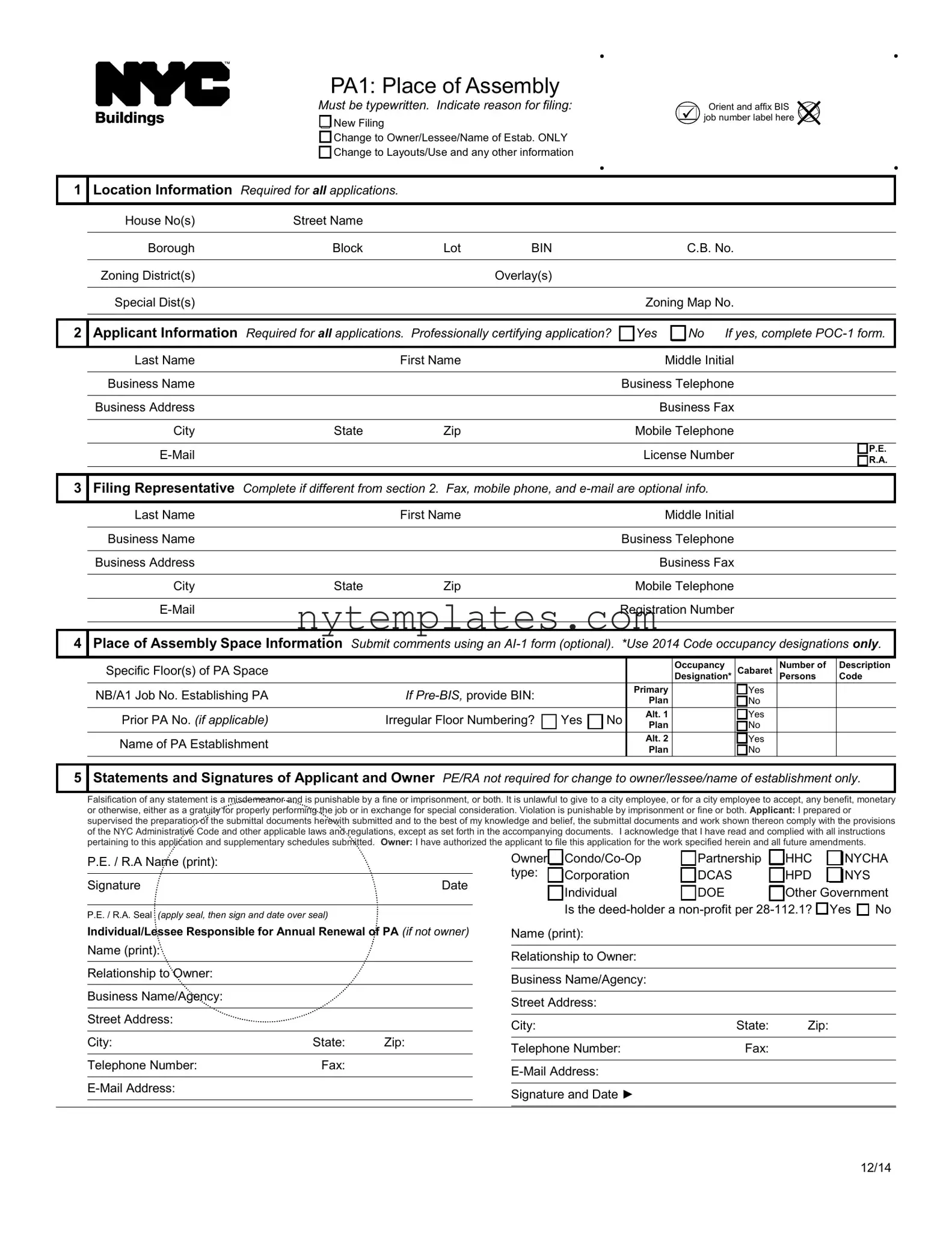 Fillable Nyc Pa1 Form in PDF