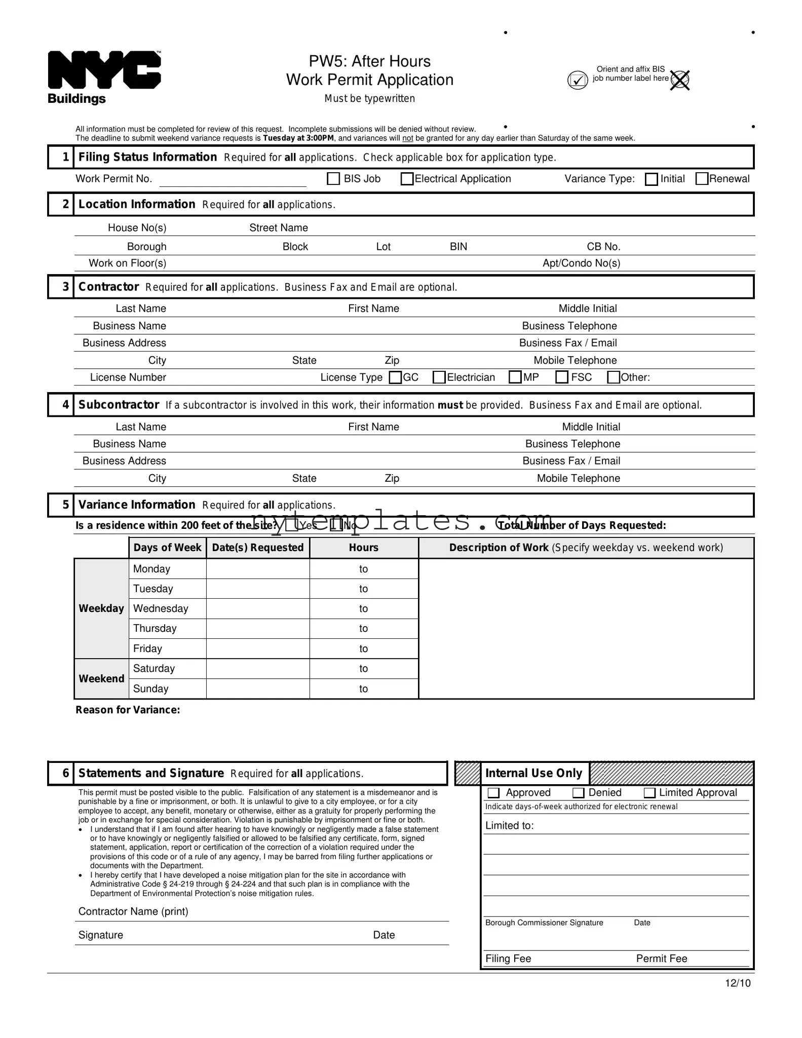 Fillable Nyc Pw5 Form in PDF