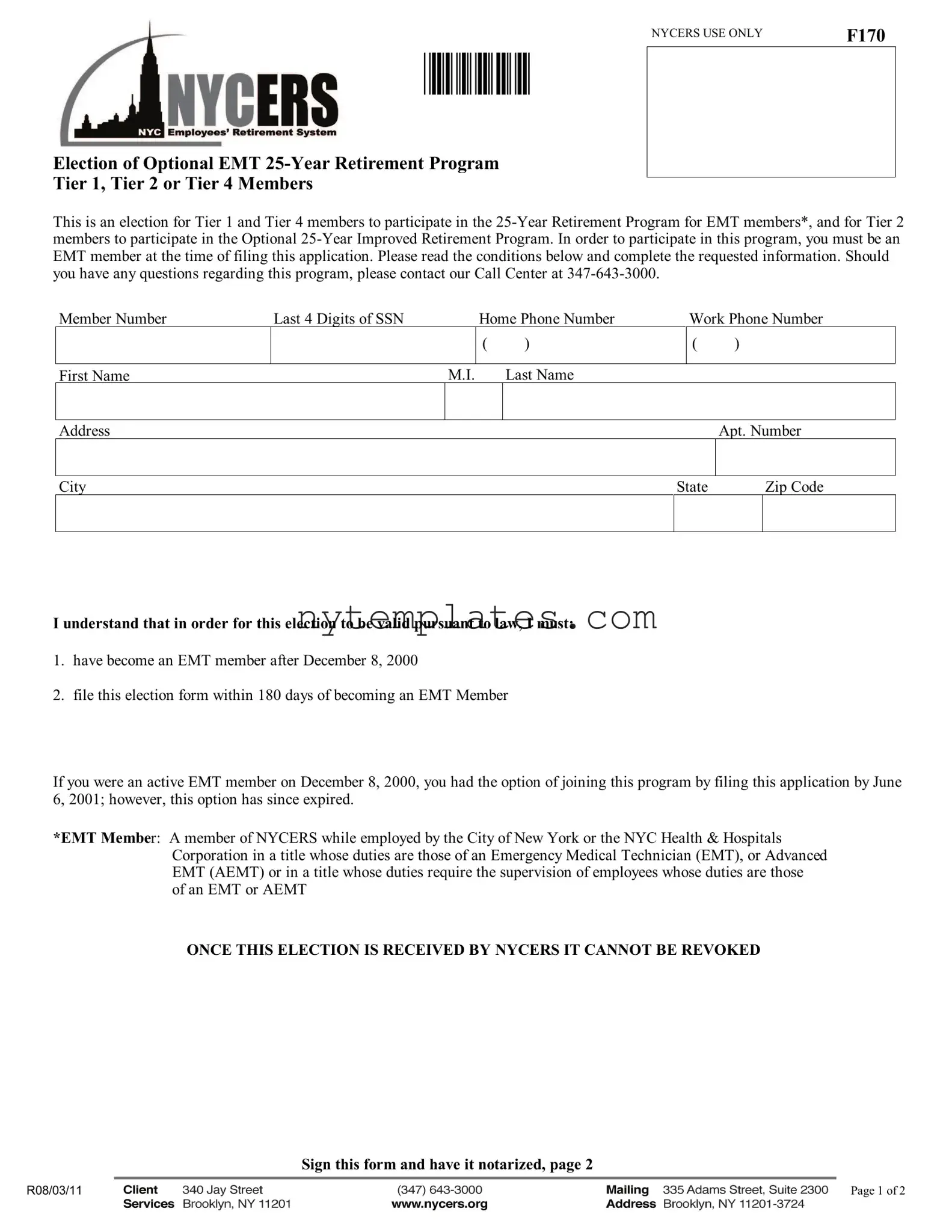 Fillable Nycers F170 Form in PDF