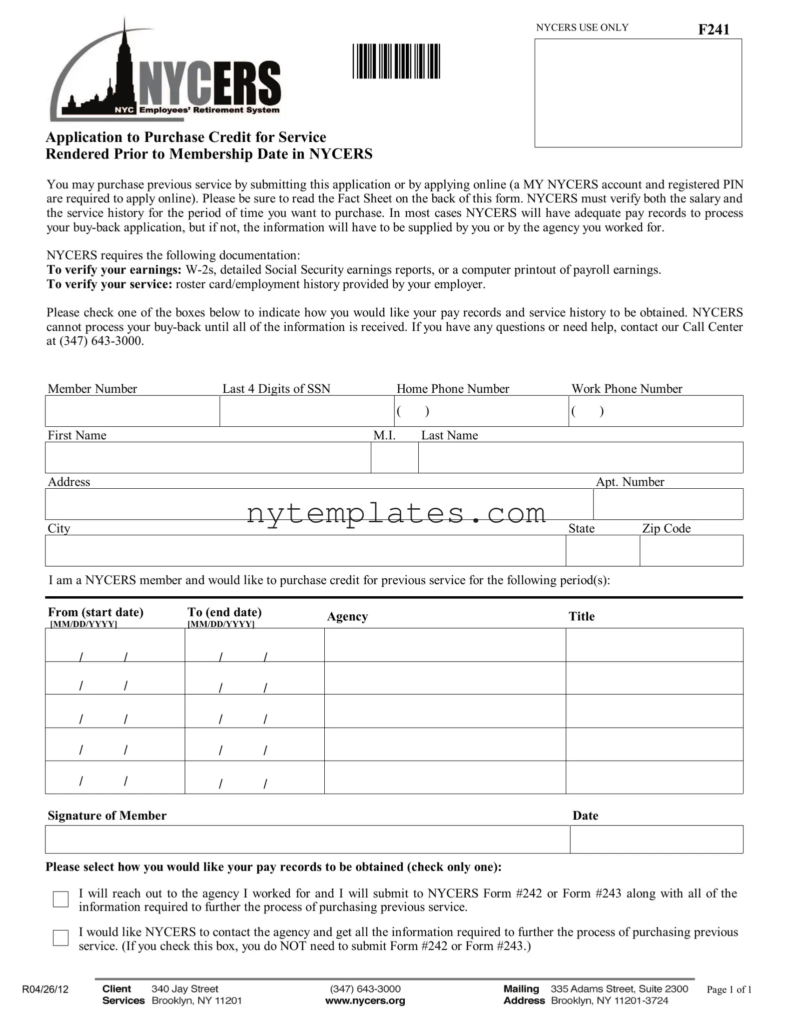 Fillable Nycers F241 Form in PDF