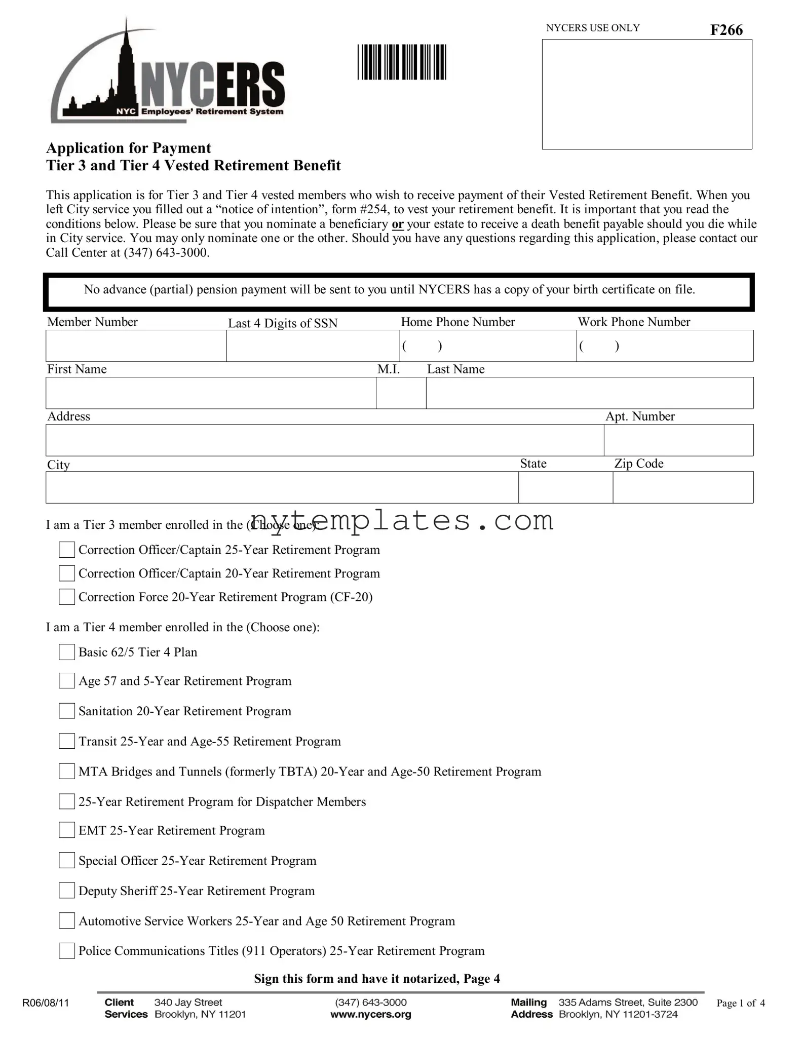 Fillable Nycers F266 Form in PDF
