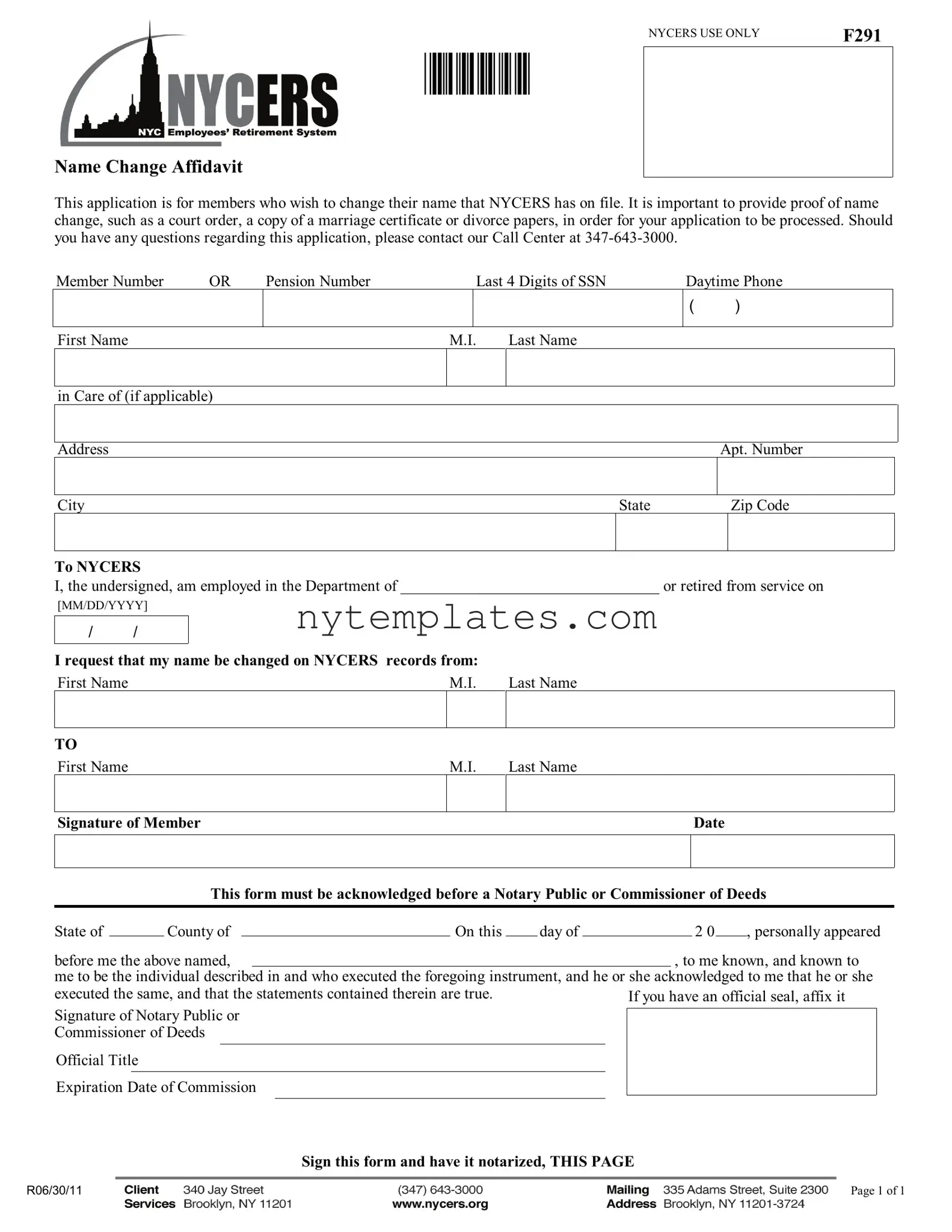 Fillable Nycers F291 Form in PDF