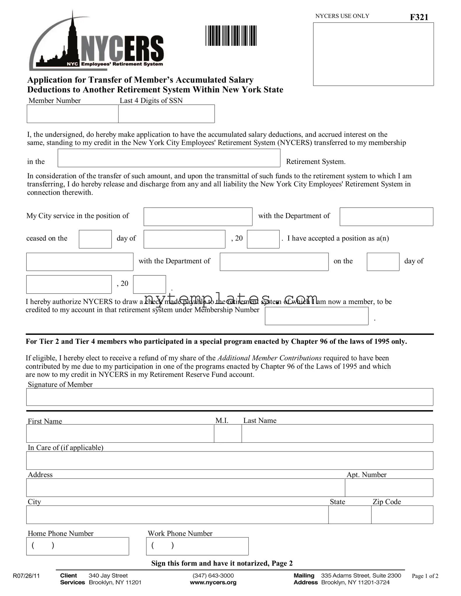 Fillable Nycers F321 Form in PDF