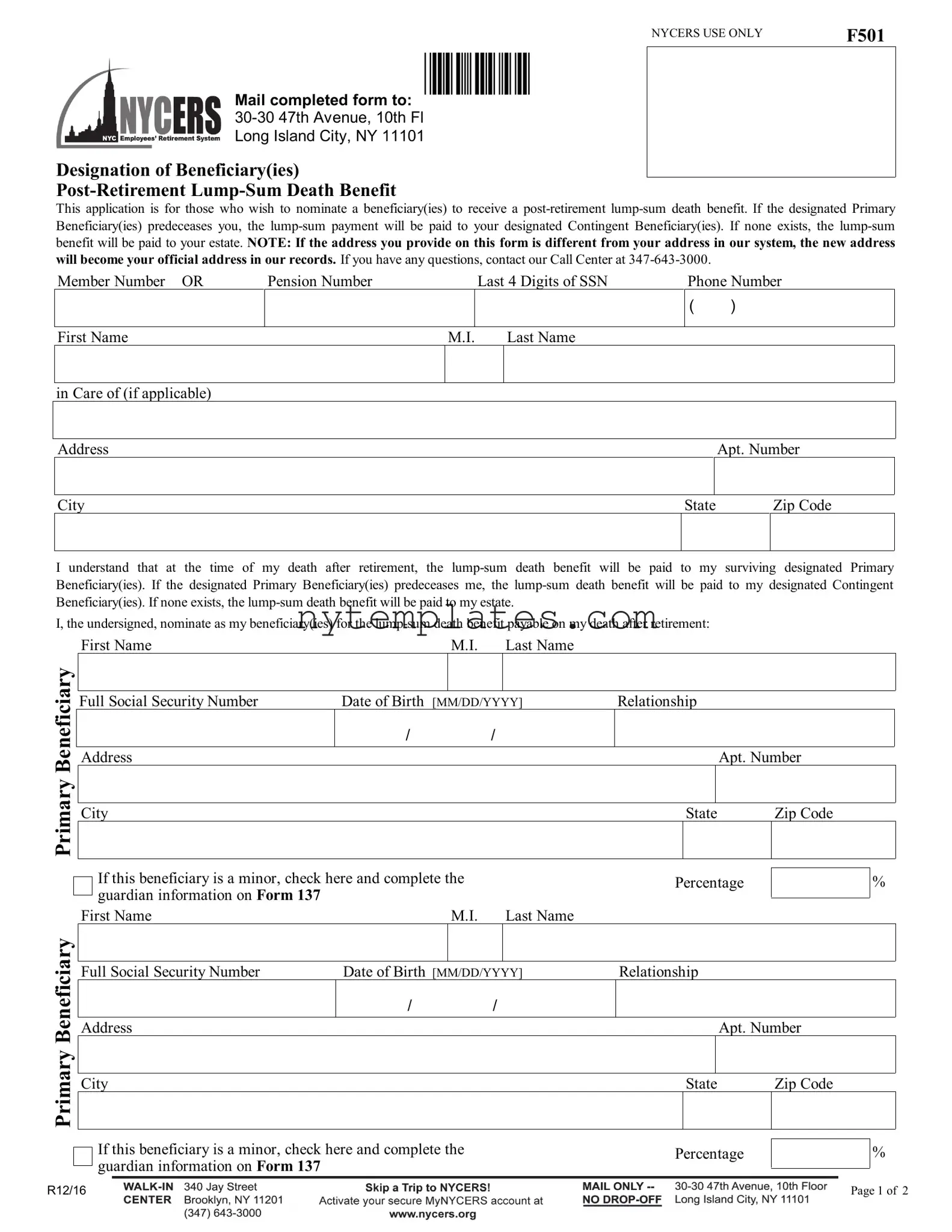 Fillable Nycers F501 Form in PDF