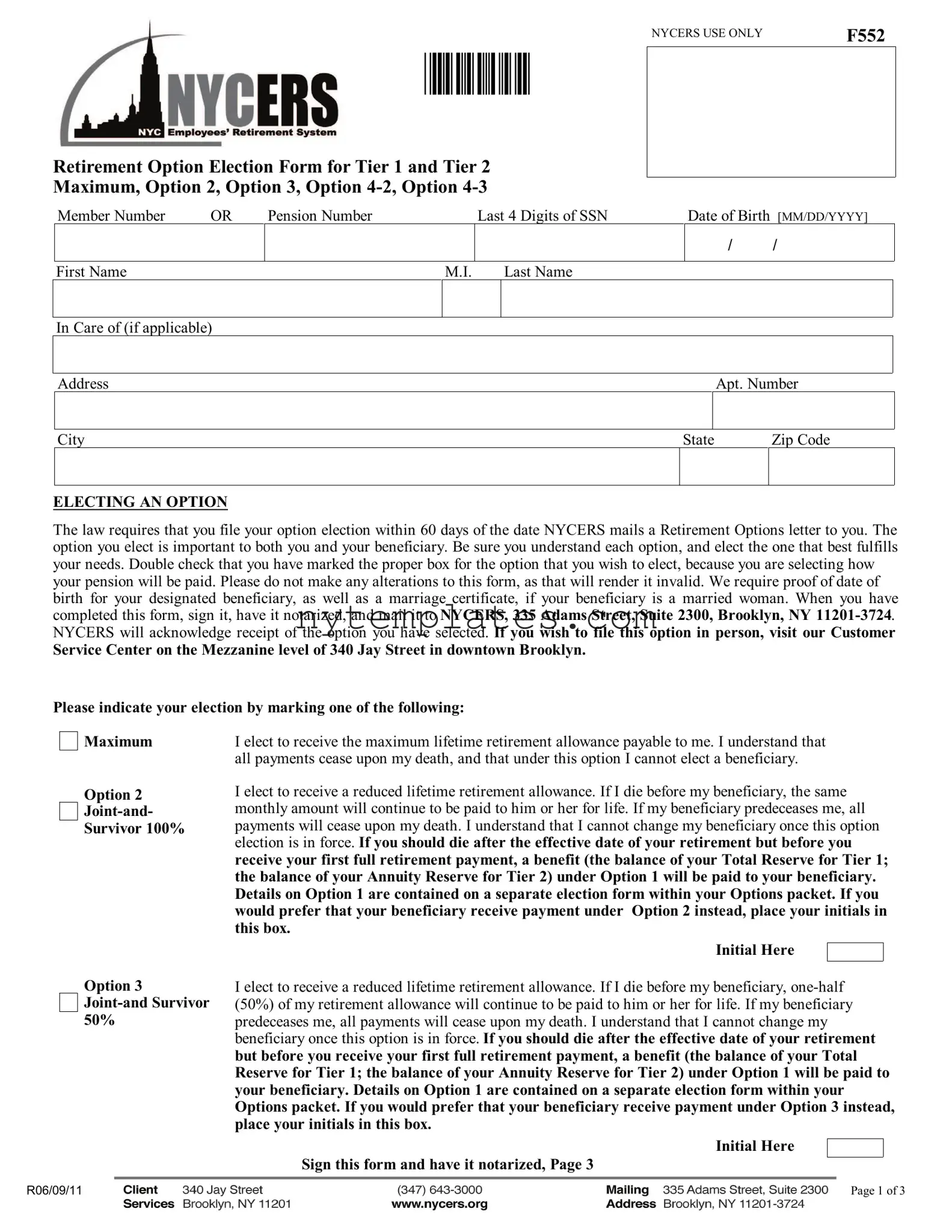 Fillable Nycers F552 Form in PDF